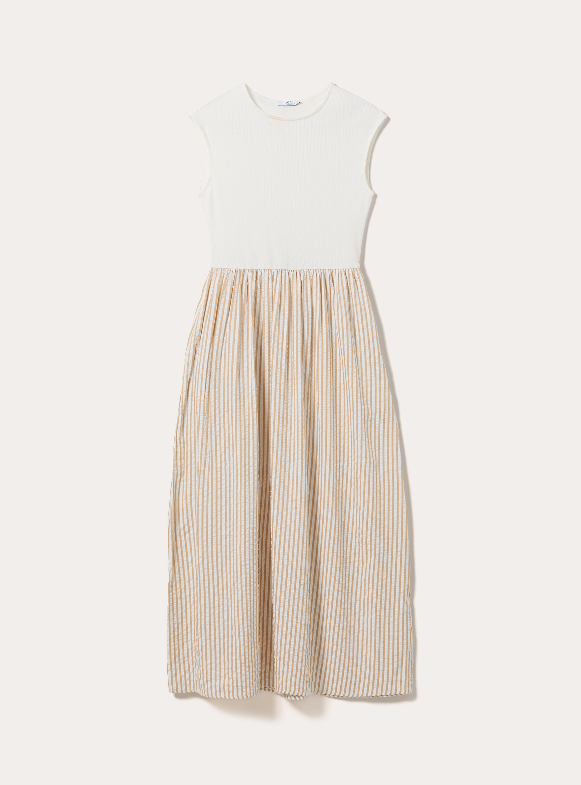 Robe Midi Bi-Mati&egrave;re Sans Manches &agrave; Rayures, WH1 OFF WHITE