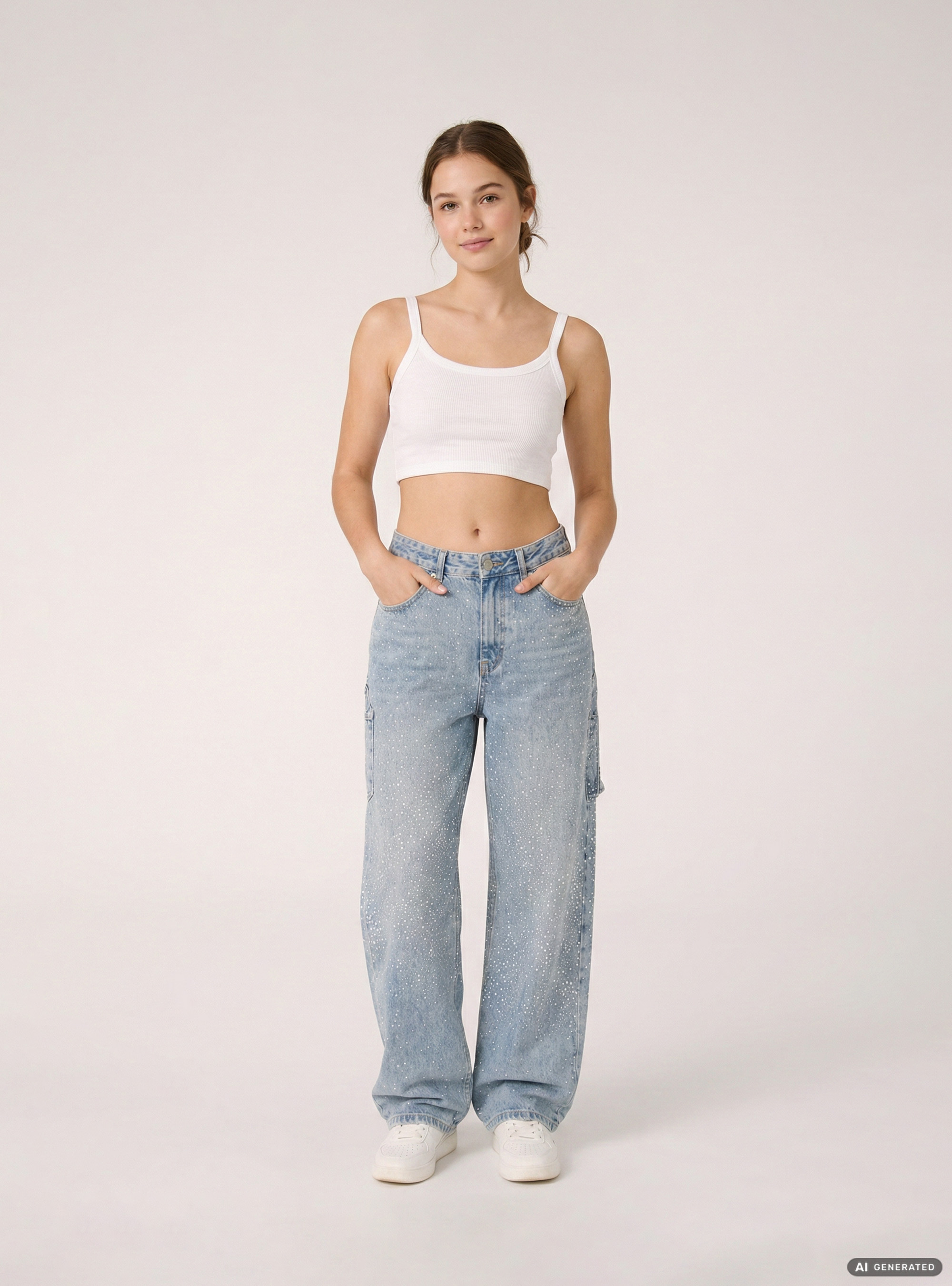 Jean baggy style charpentier avec strass, D006 AZURE
