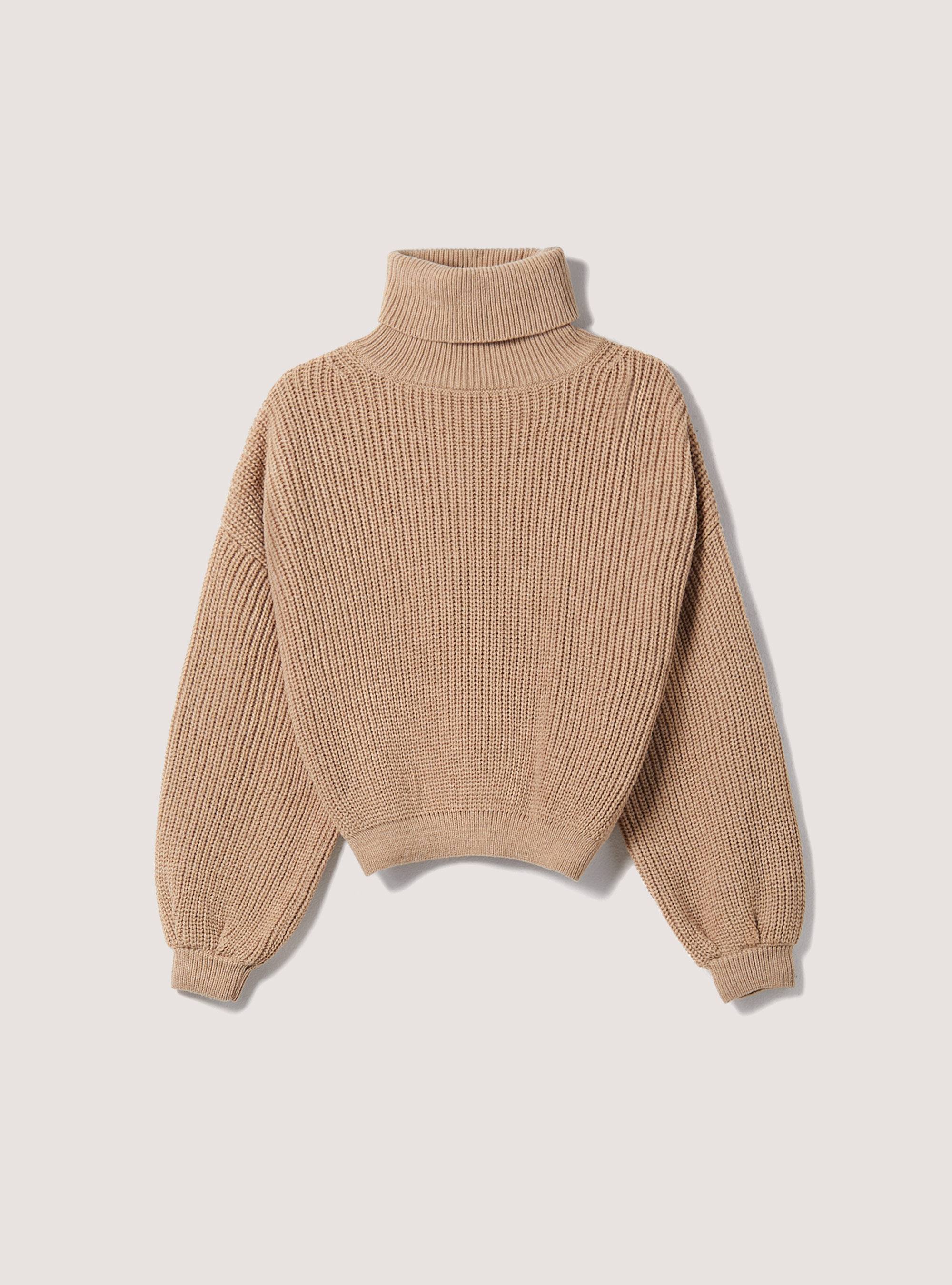 High-necked comfort fit English rib pullover, C0511TOBACCO/C099WHITE