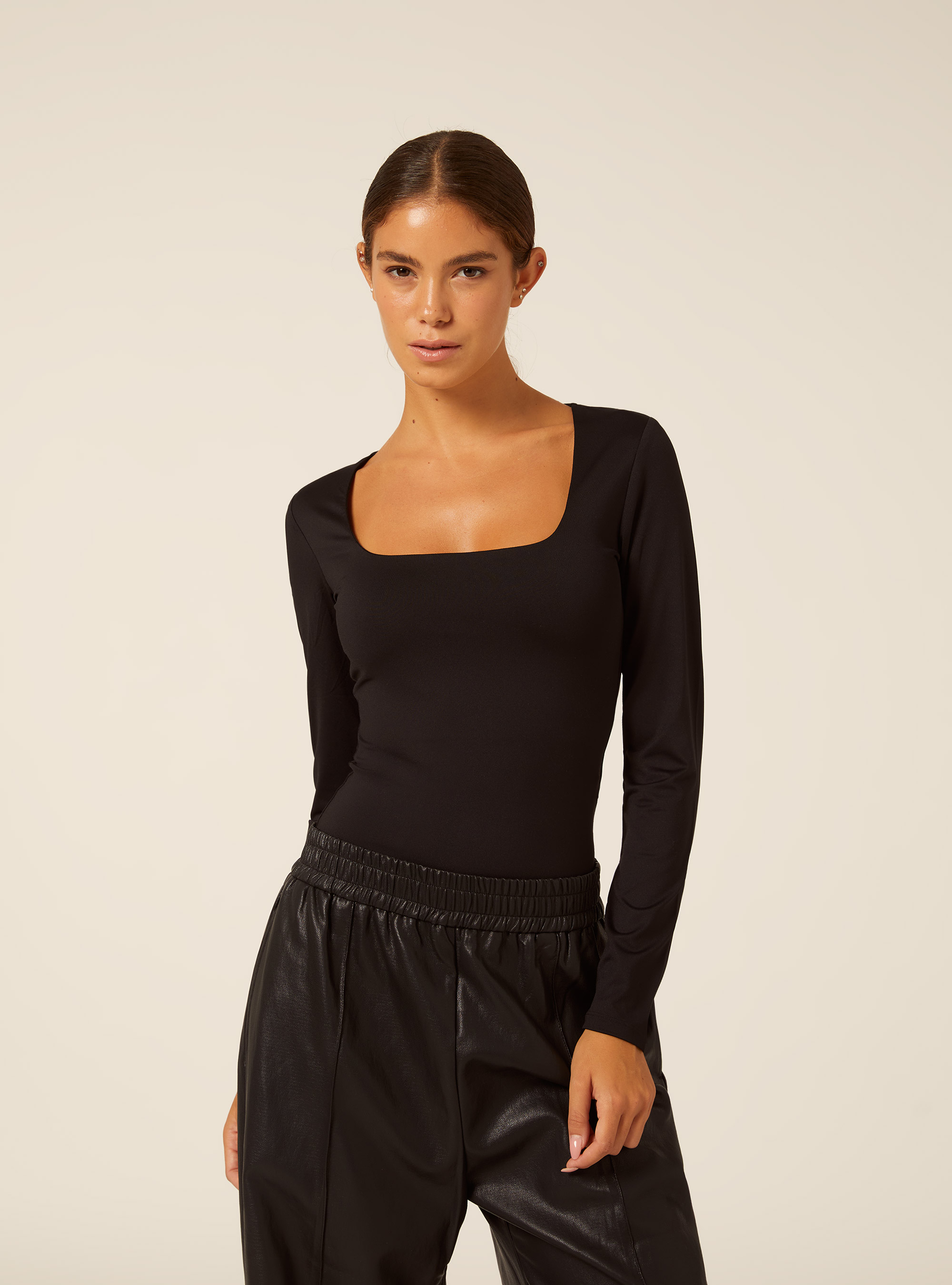 Body de manga larga con escote cuadrado, BK1 BLACK