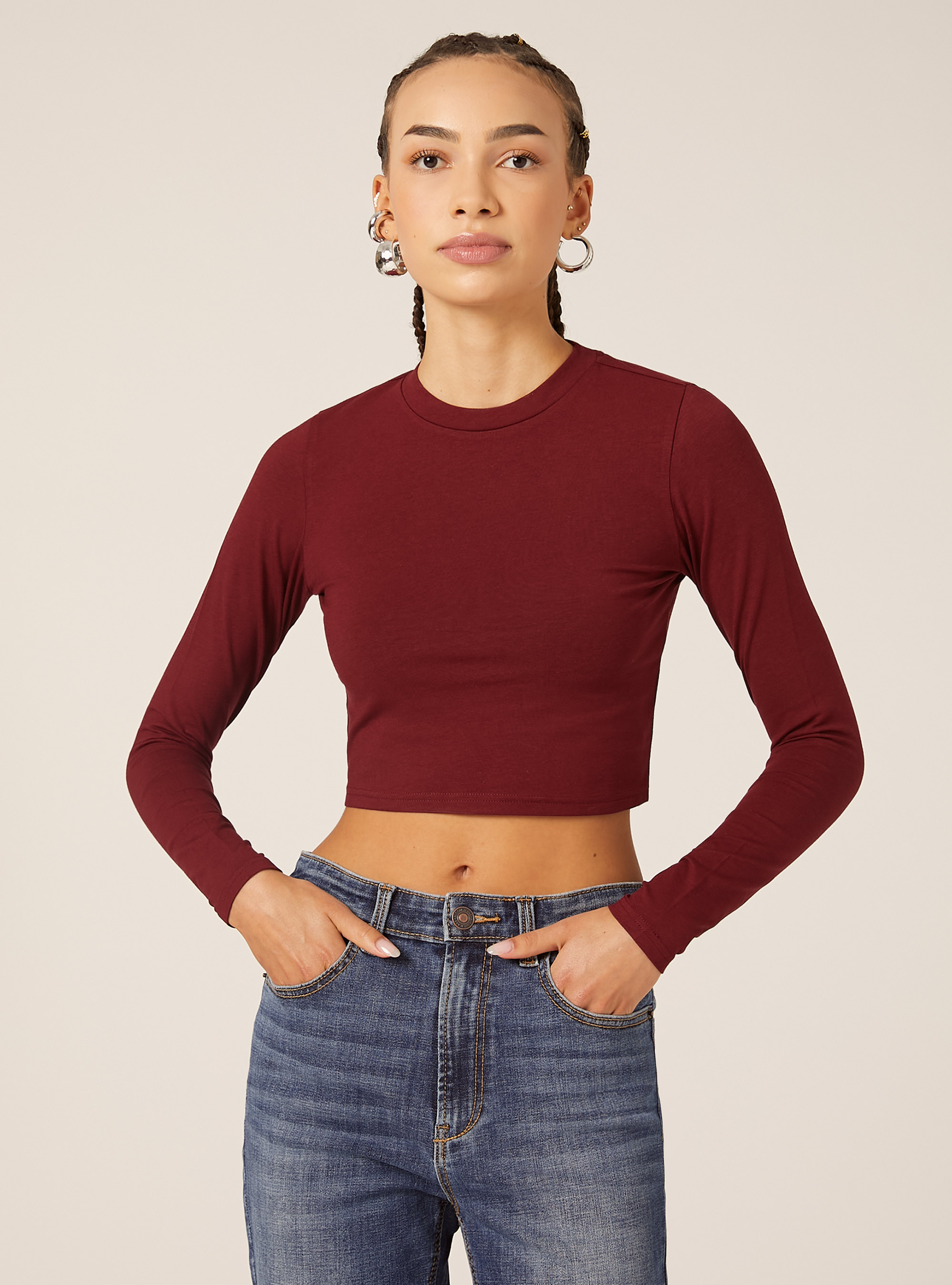 Maglietta cropped a maniche lunghe, BO1 BORDEAUX DARK