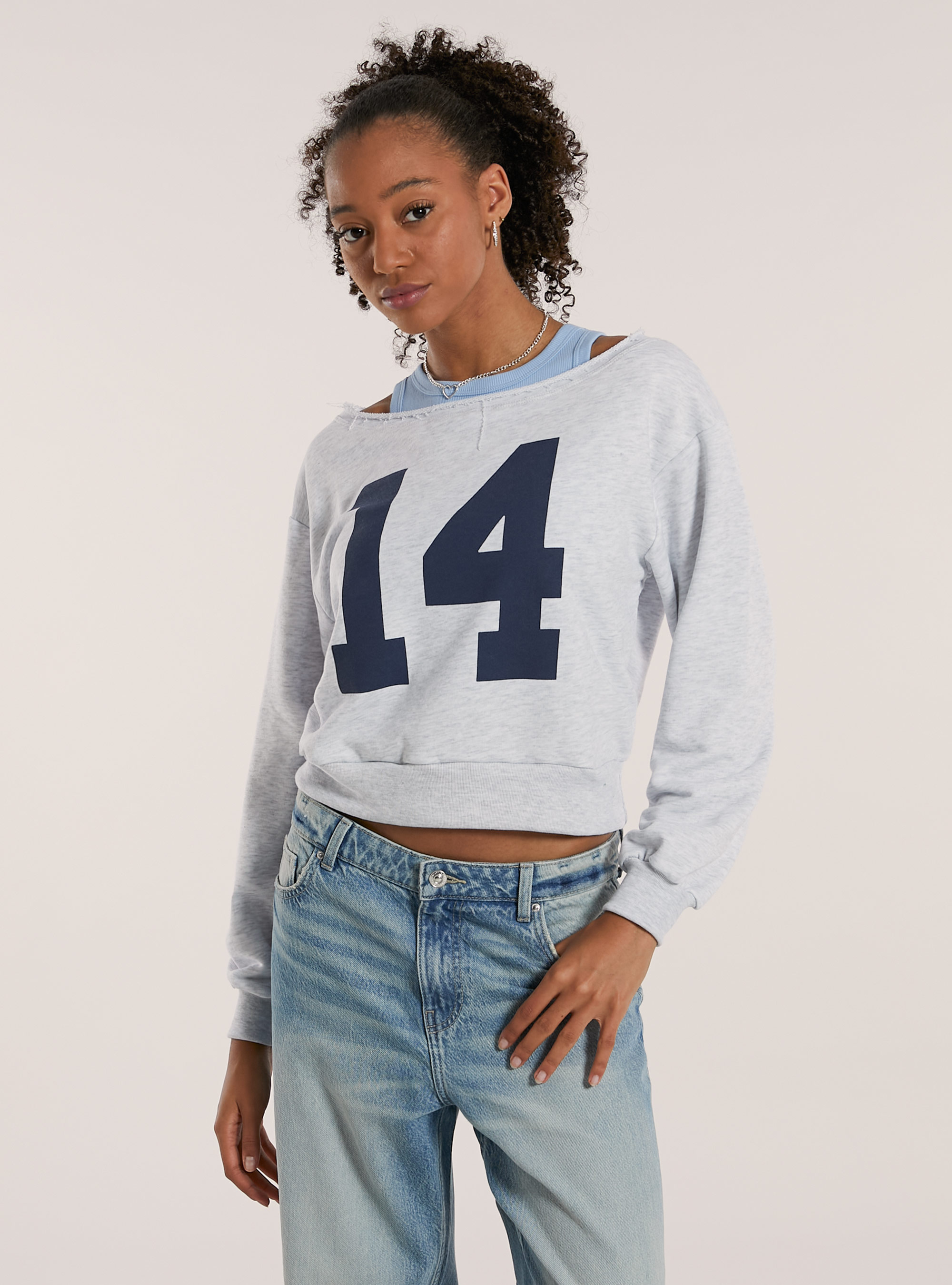 Felpa scollo a barca stampa, MGY3 GREY MEL LIGHT