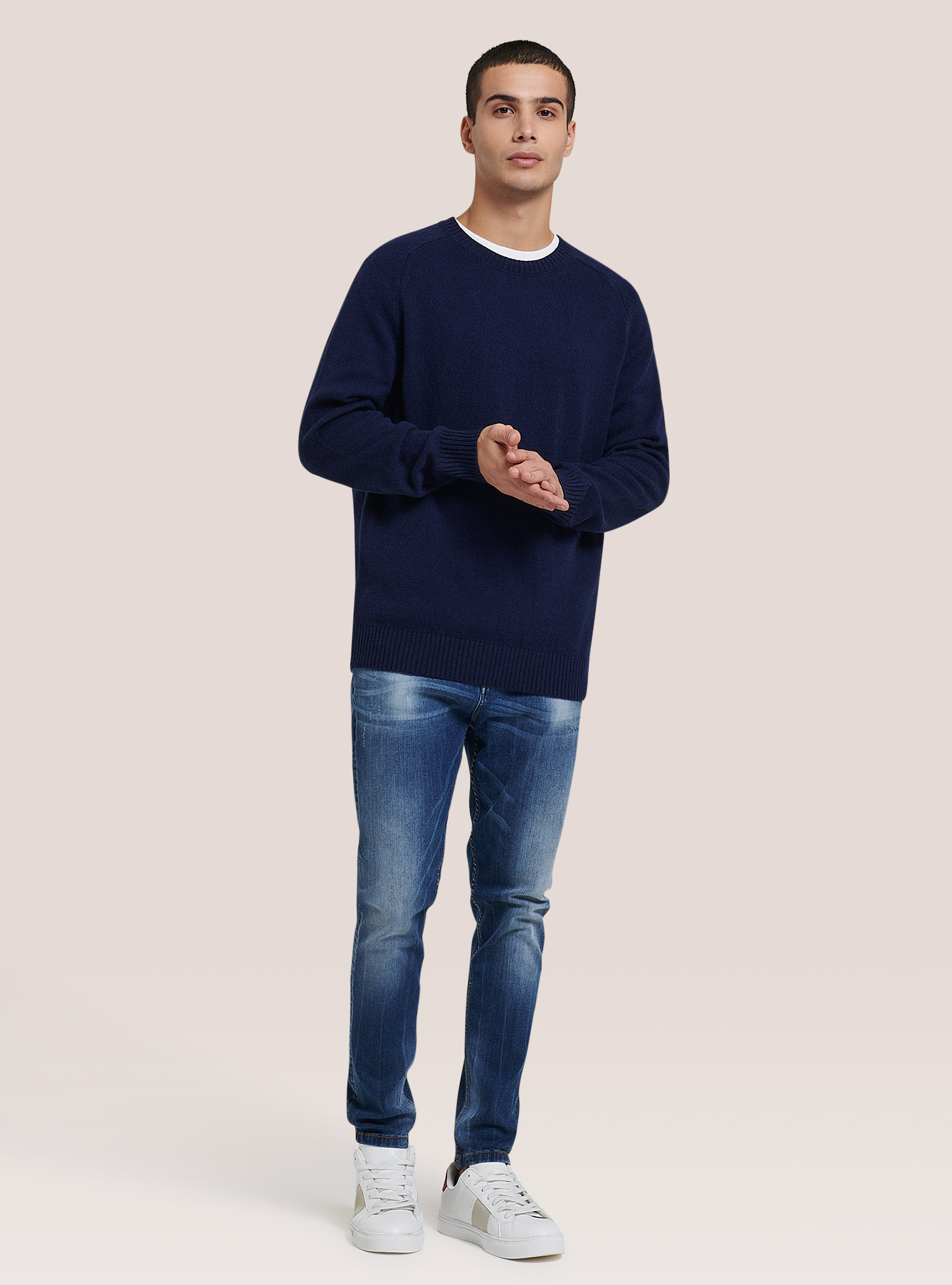 Pullover girocollo in misto lana, BLU MARINO