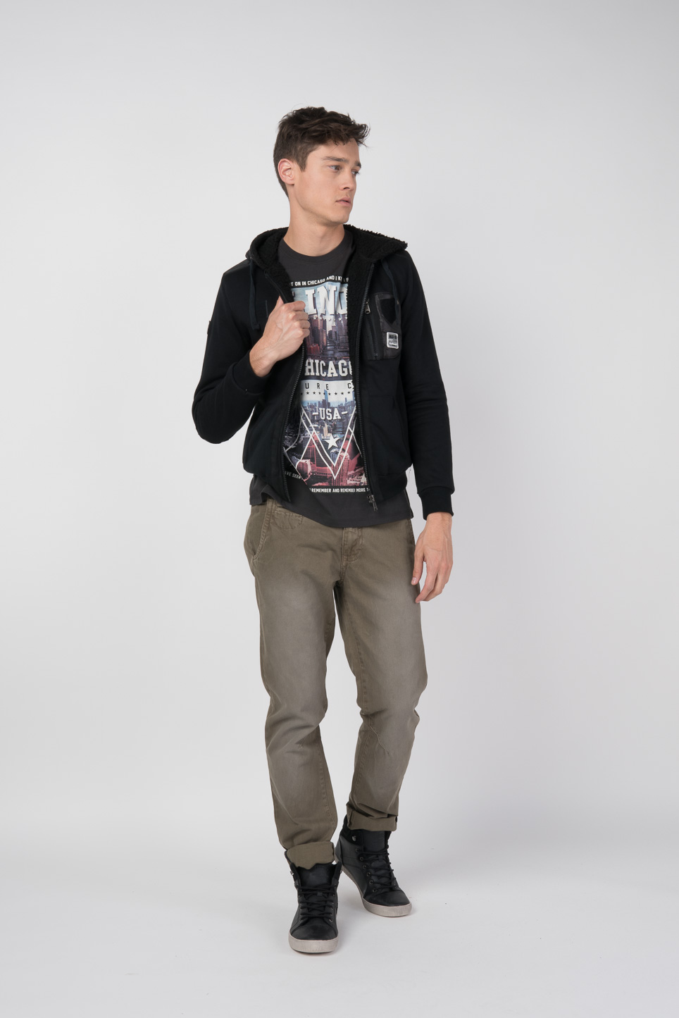 Felpa con zip e cappuccio, NEGRO