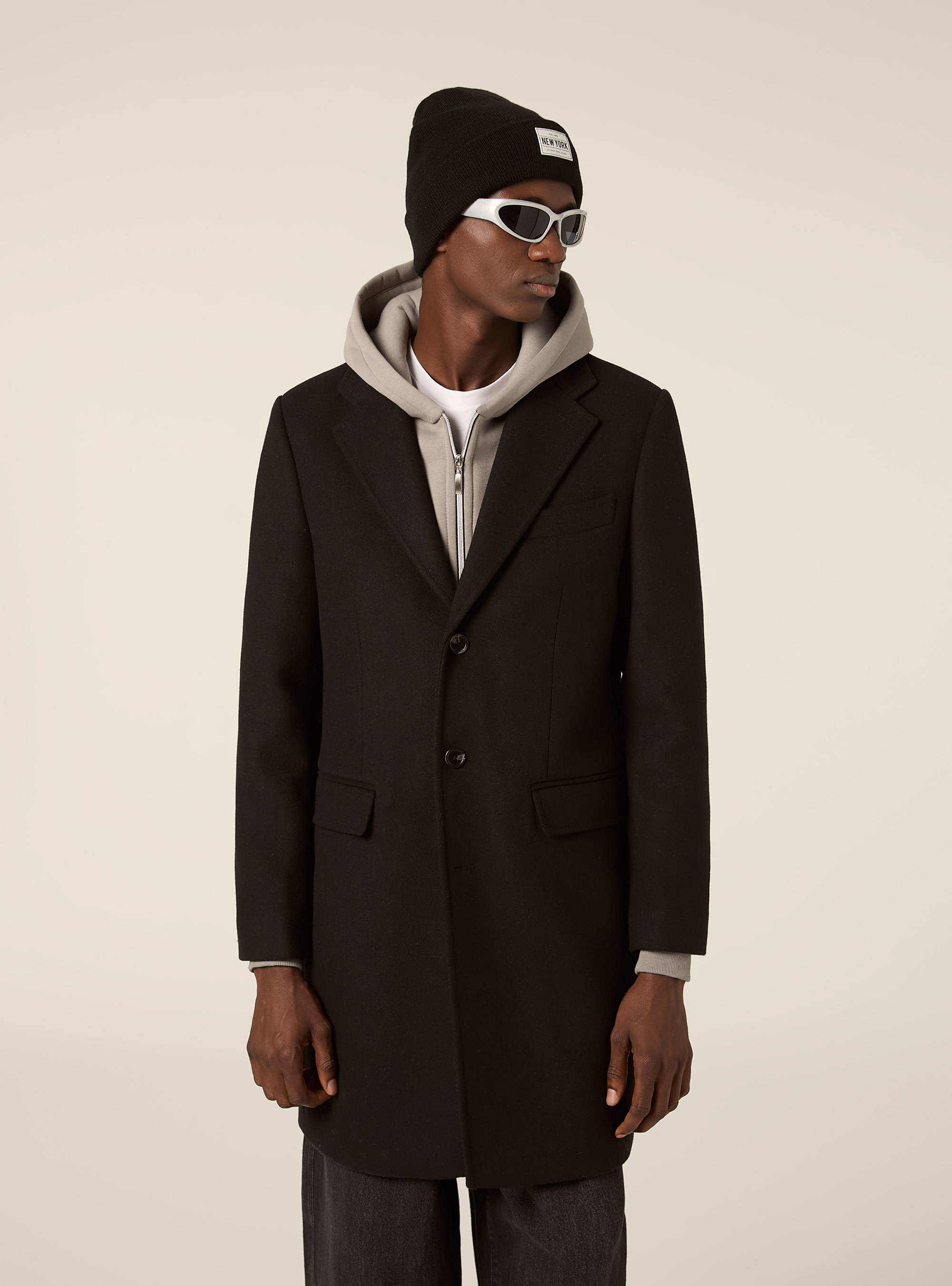 Single-breasted wool blend coat, BK1 BLACK