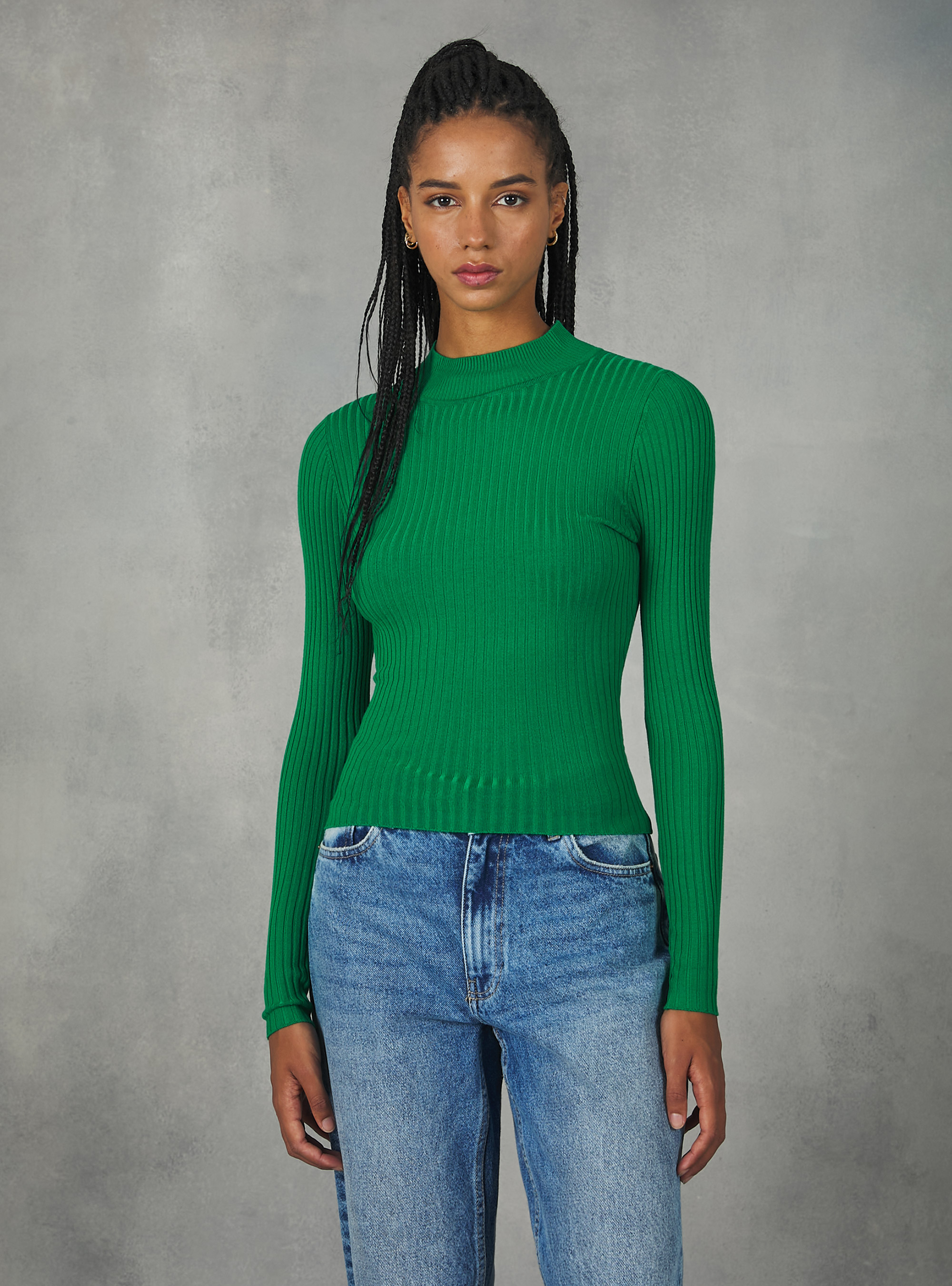 Pullover cropped a coste a mezzo collo, GN2 GREEN MEDIUM