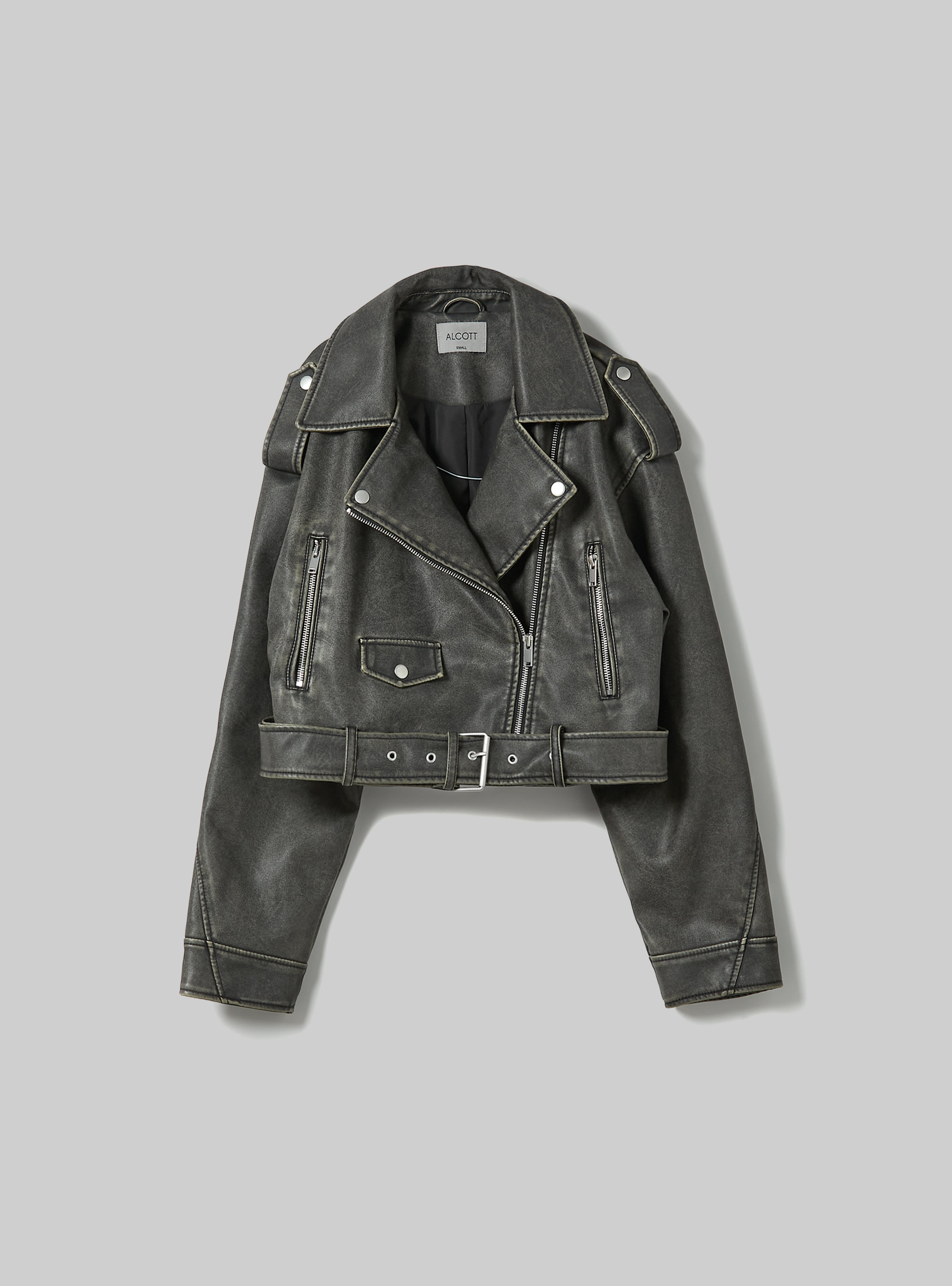 Worn leather effect biker jacket, BK3 BLACK CHARCOAL