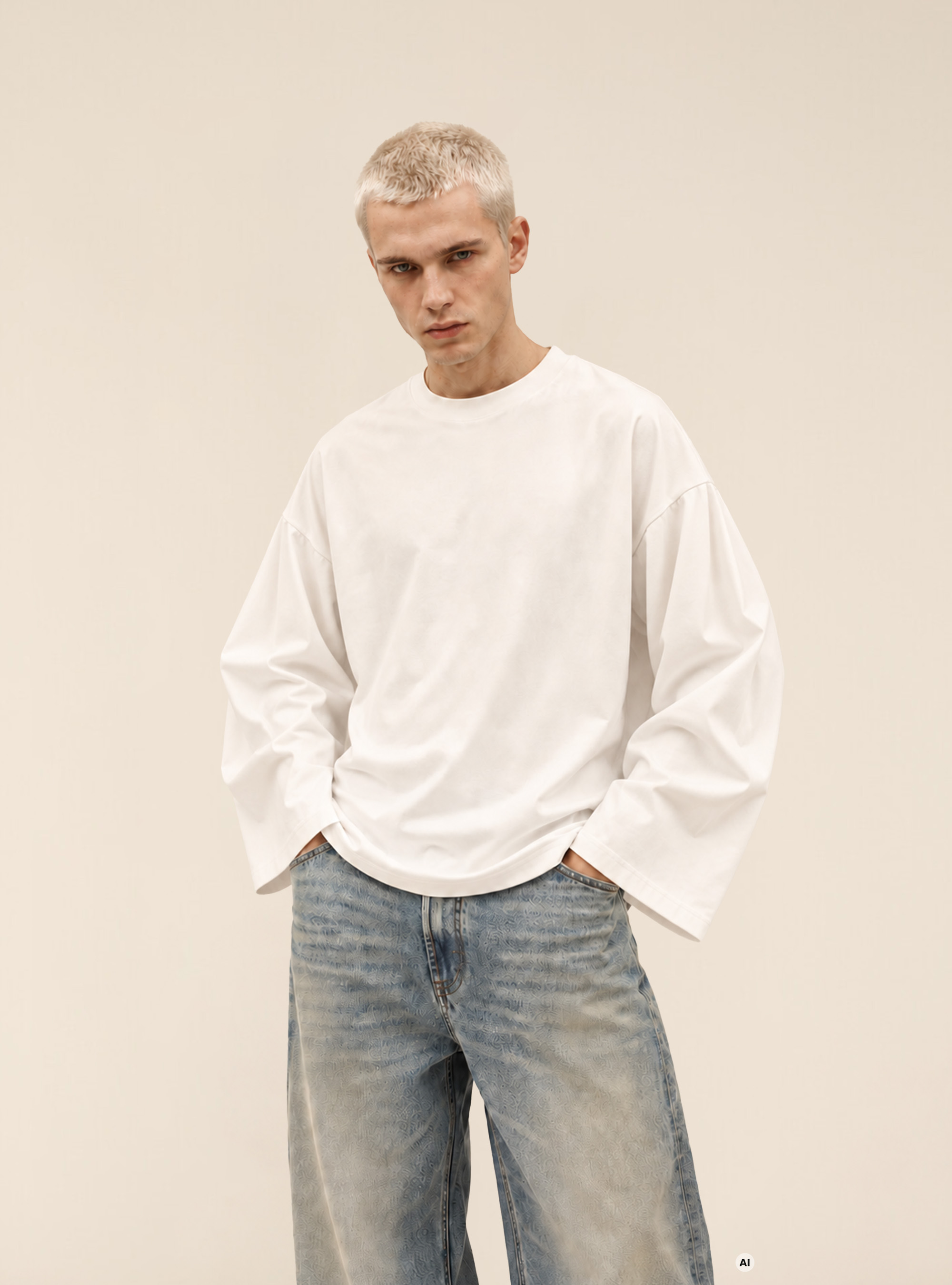 T shirt a manches longues oversize avec epaules tombantes, WH2 WHITE
