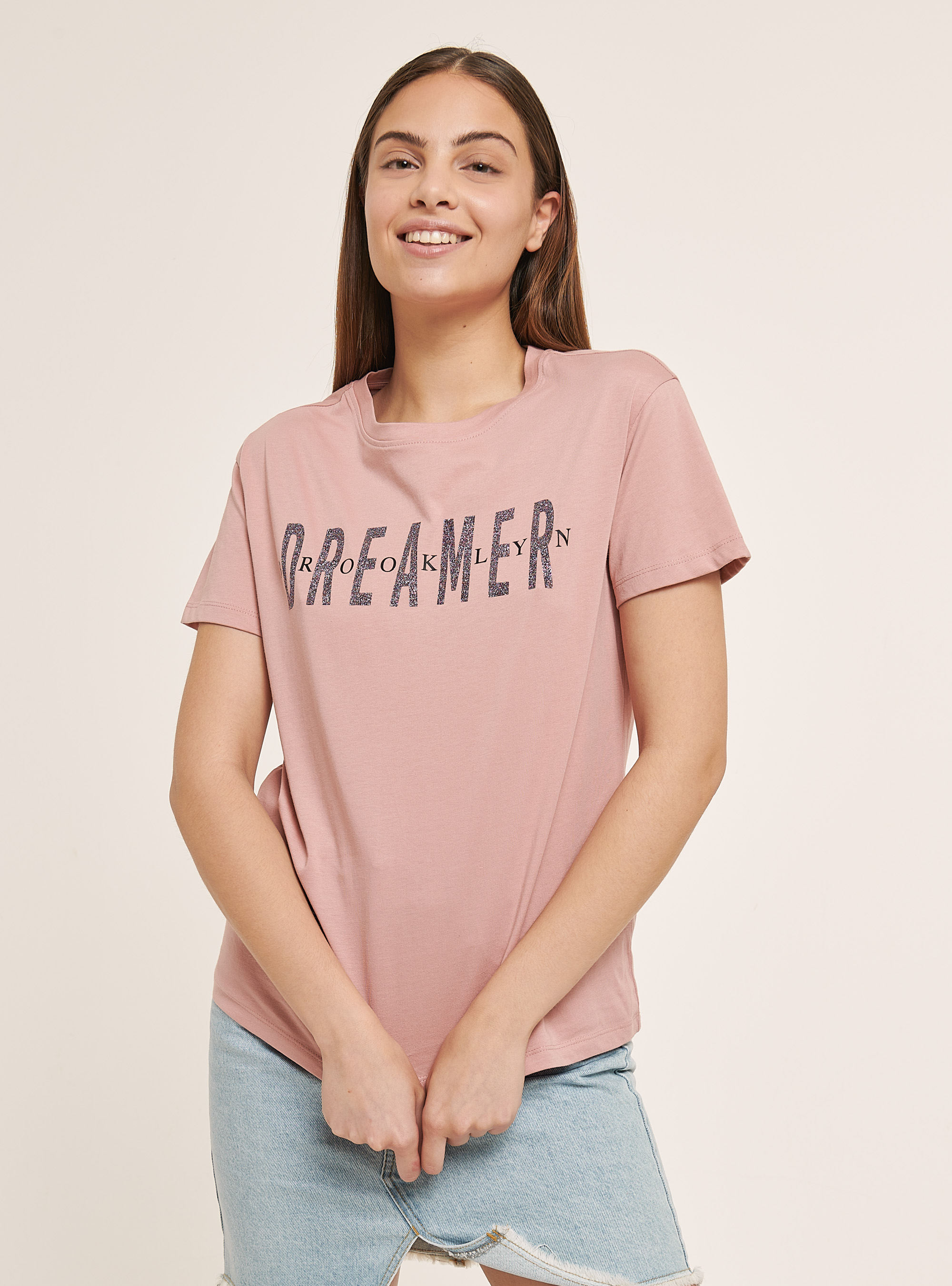 Cotton T-shirt with glitter print, PINK