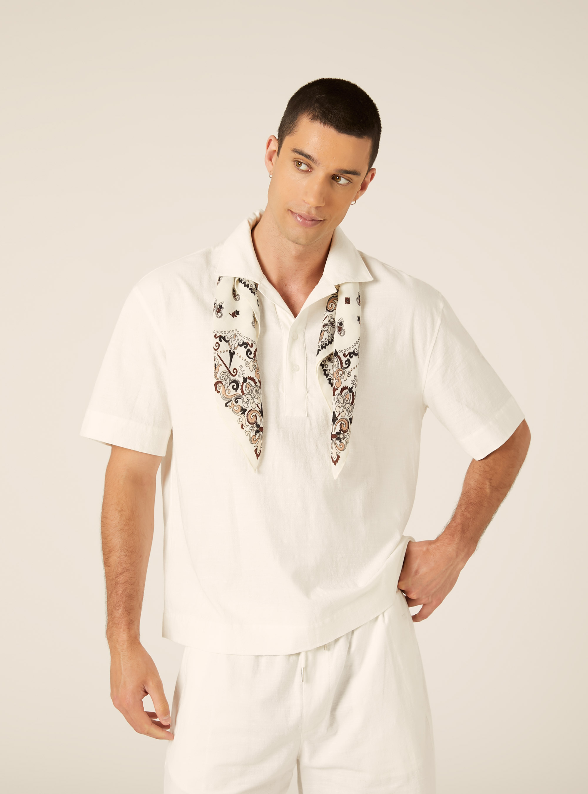 Polo Camisero de Mezcla de Lino, WH1 OFF WHITE