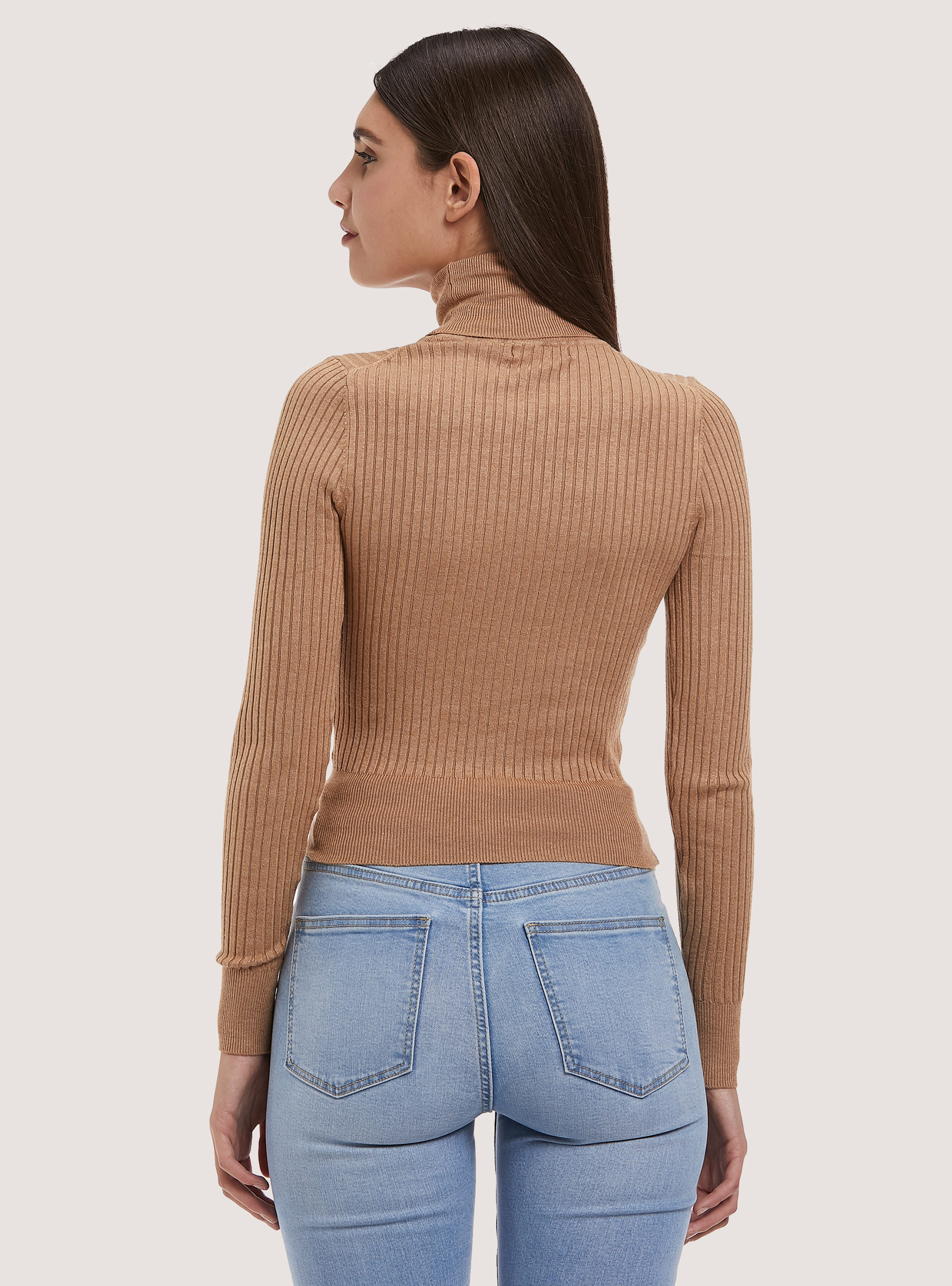 Pullover cropped a collo alto a coste, MBG2 BEIGE MEL MED