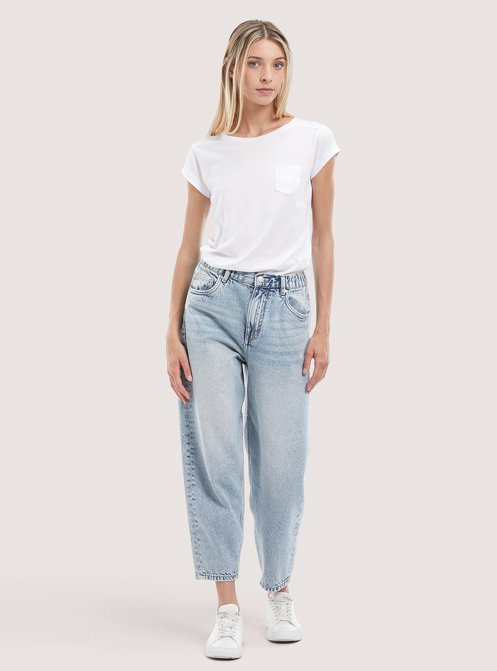 Jeans en coton &agrave; coupe ballon, D006 AZURE