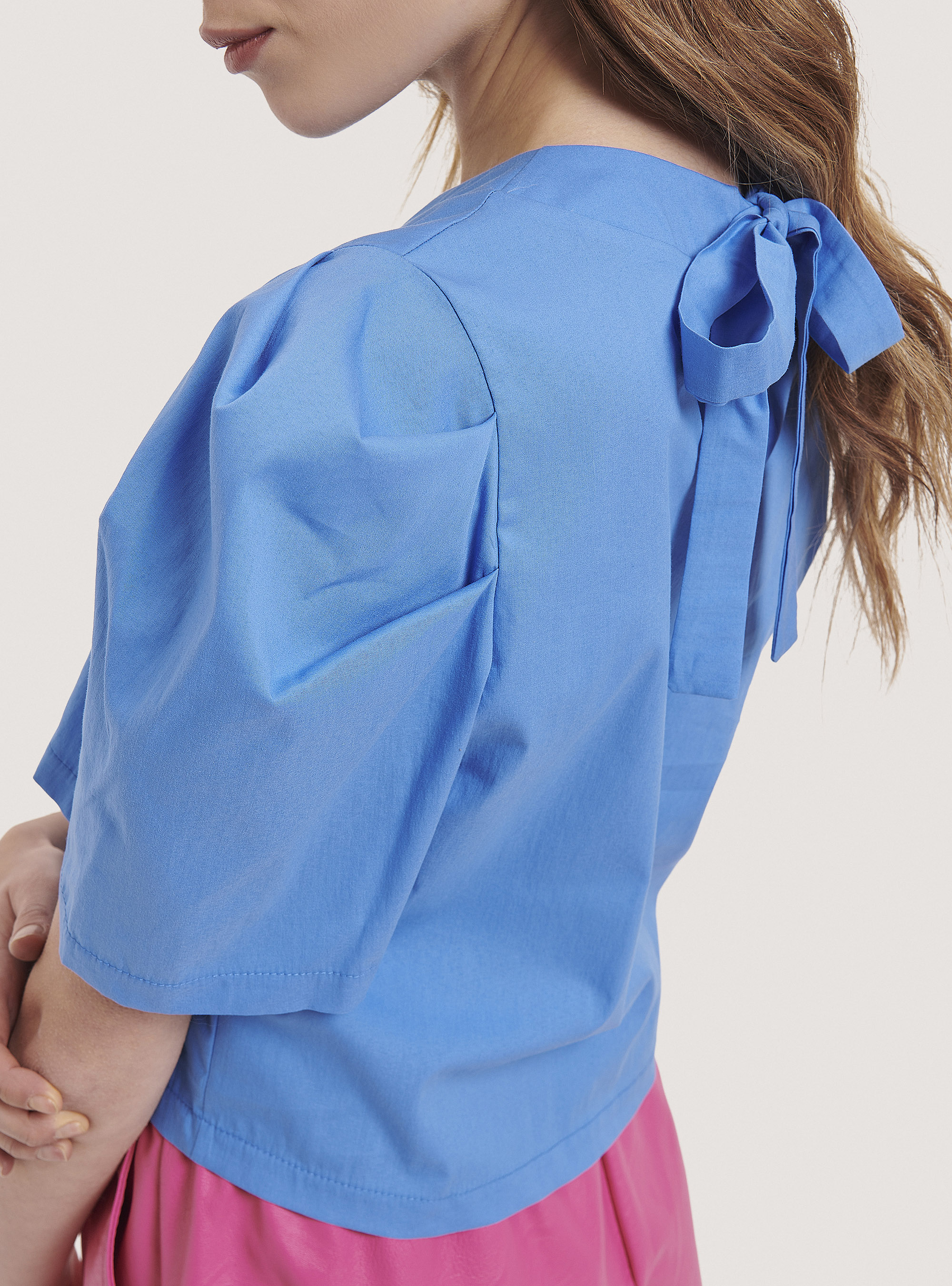 Puff Sleeve Cropped Blouse, C0299 AZZURRE