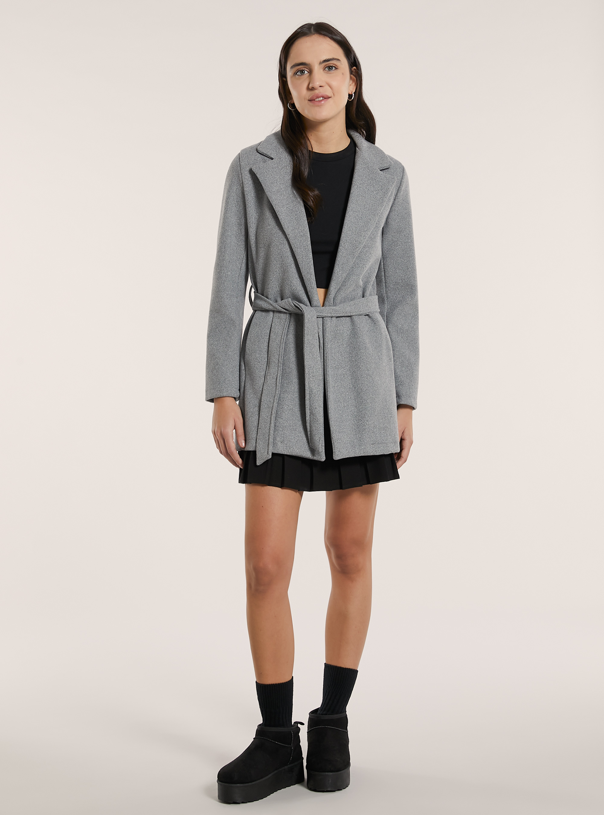 Cappotto in panno con cintura, MGY2 GREY MEL MEDIUM