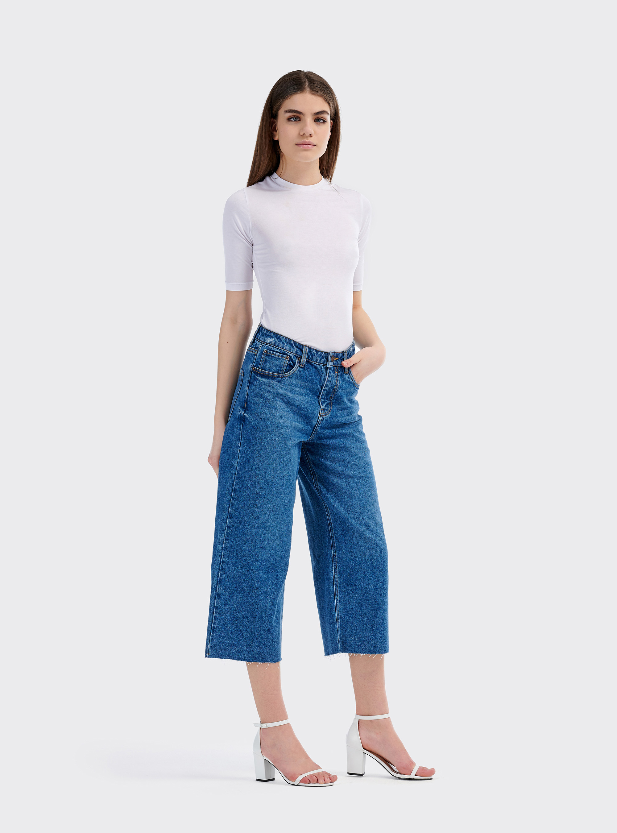 Jeans crop wide leg, BLUE NAVY
