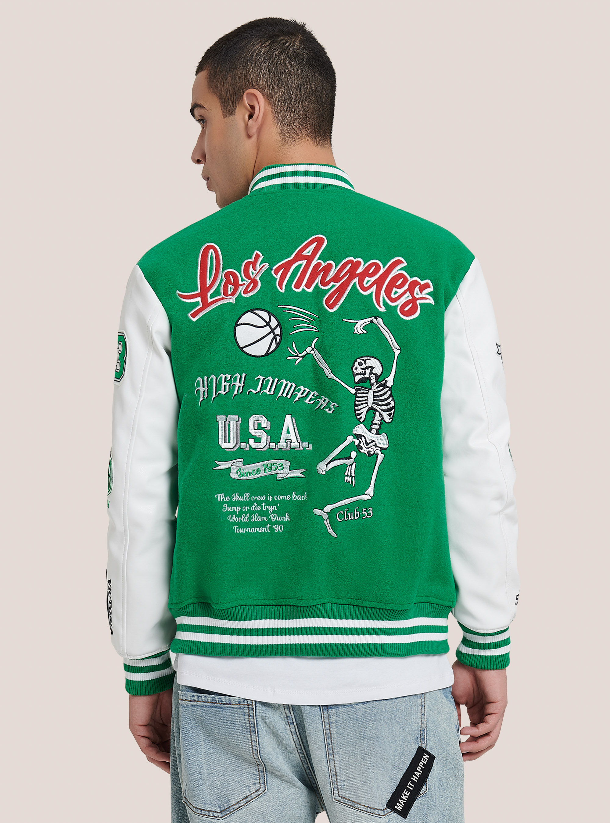 Bomber con maniche in ecopelle e patches, C0650 GREEN