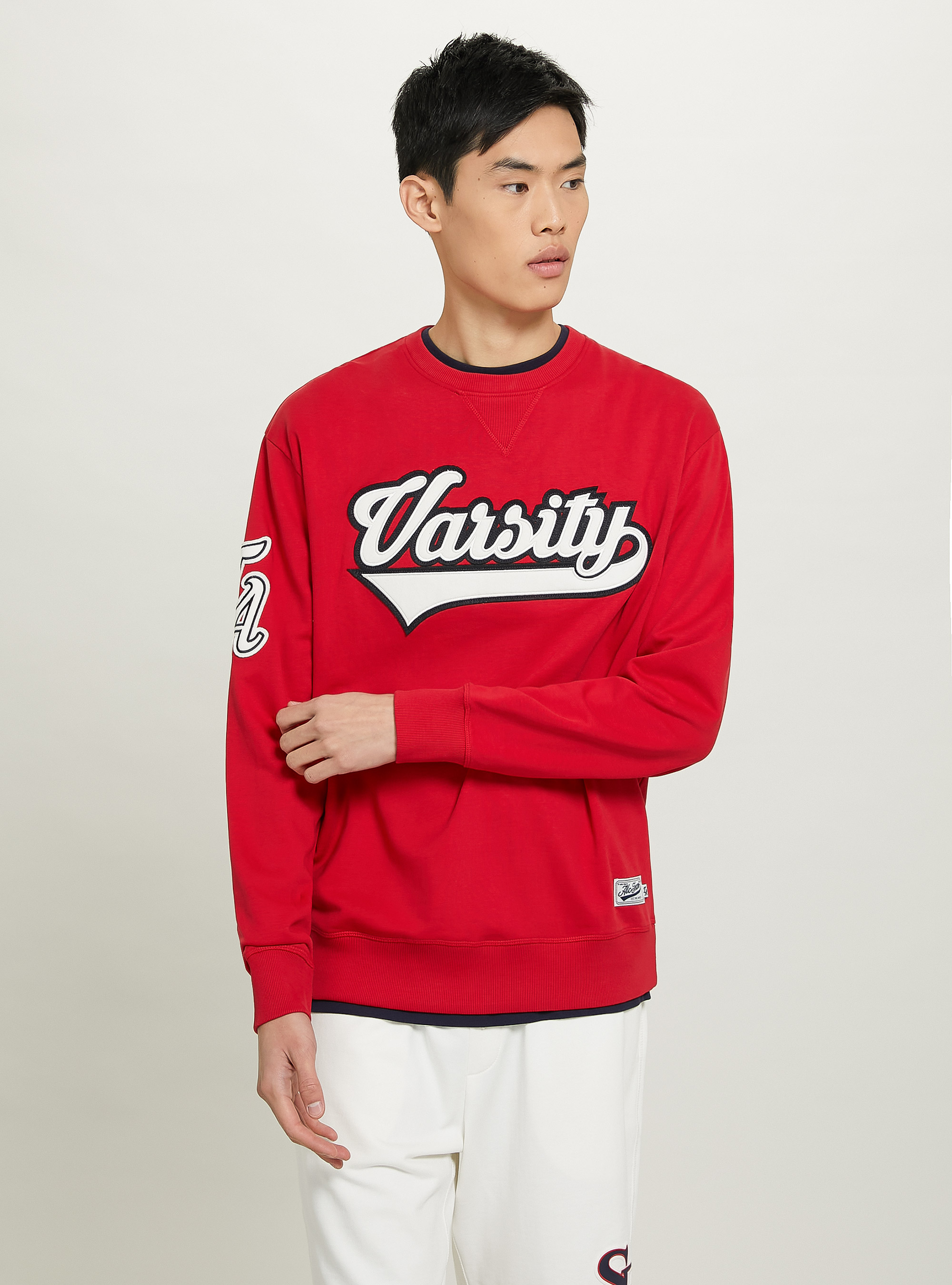 Felpa girocollo college con patch in cotone, C3376 RED