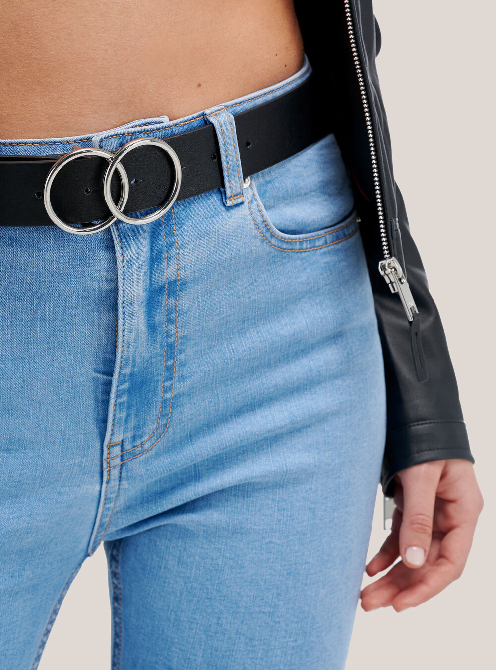 Leather-effect belt with round buckle, BLACK