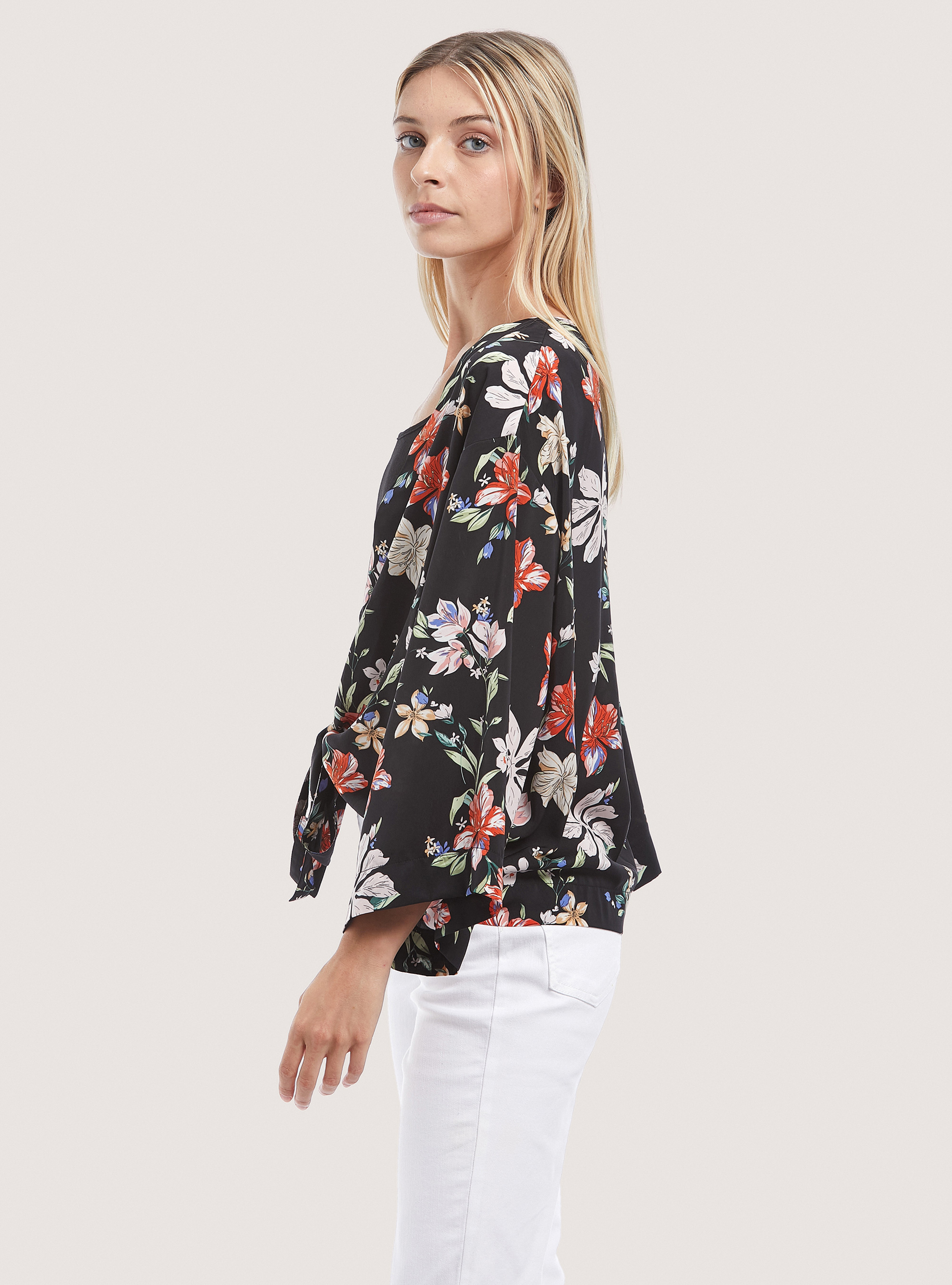 Kimono avec imprimé floral, FL101 FLOWER BLACK
