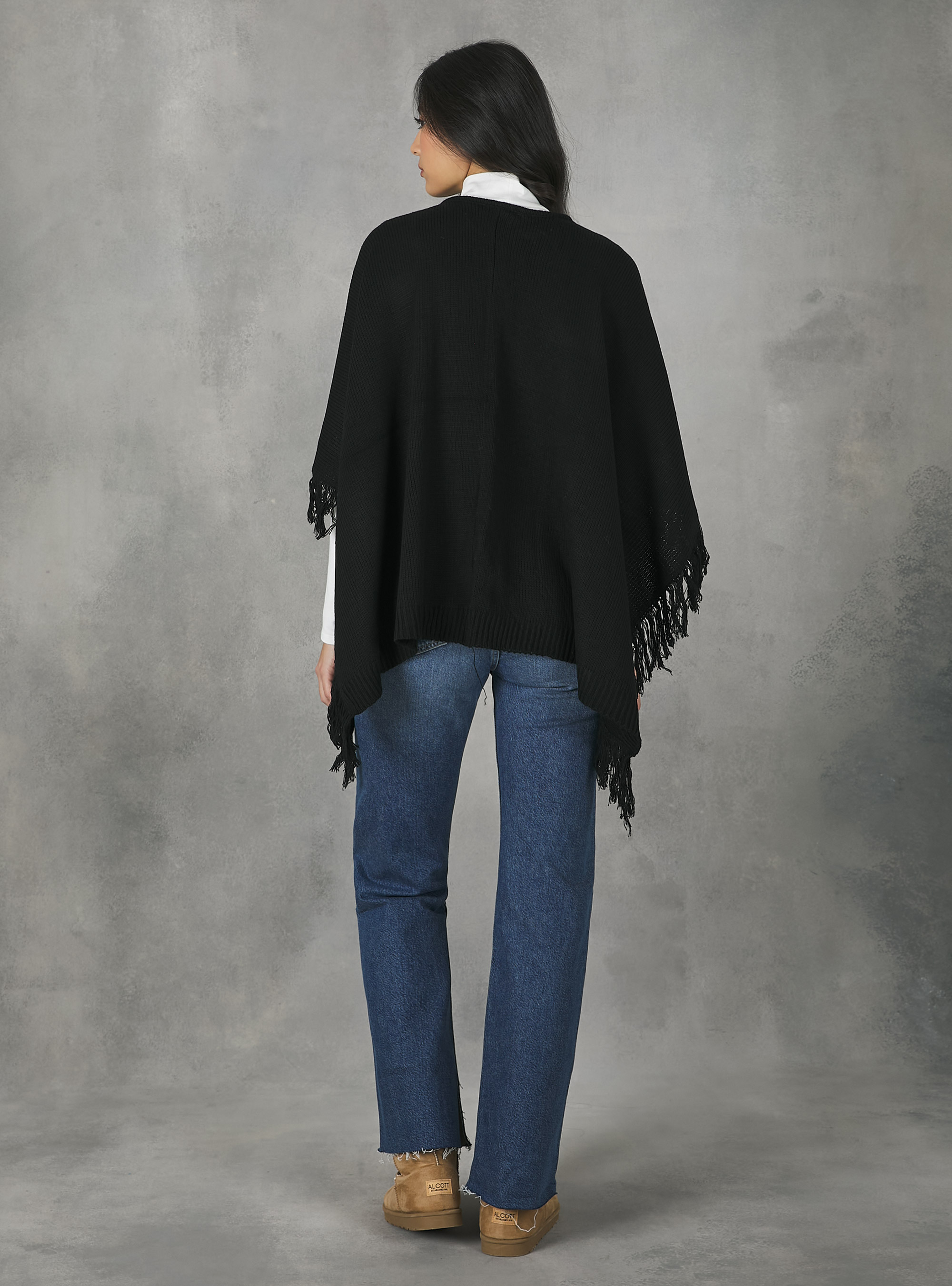 Poncho with fringes, BLACK
