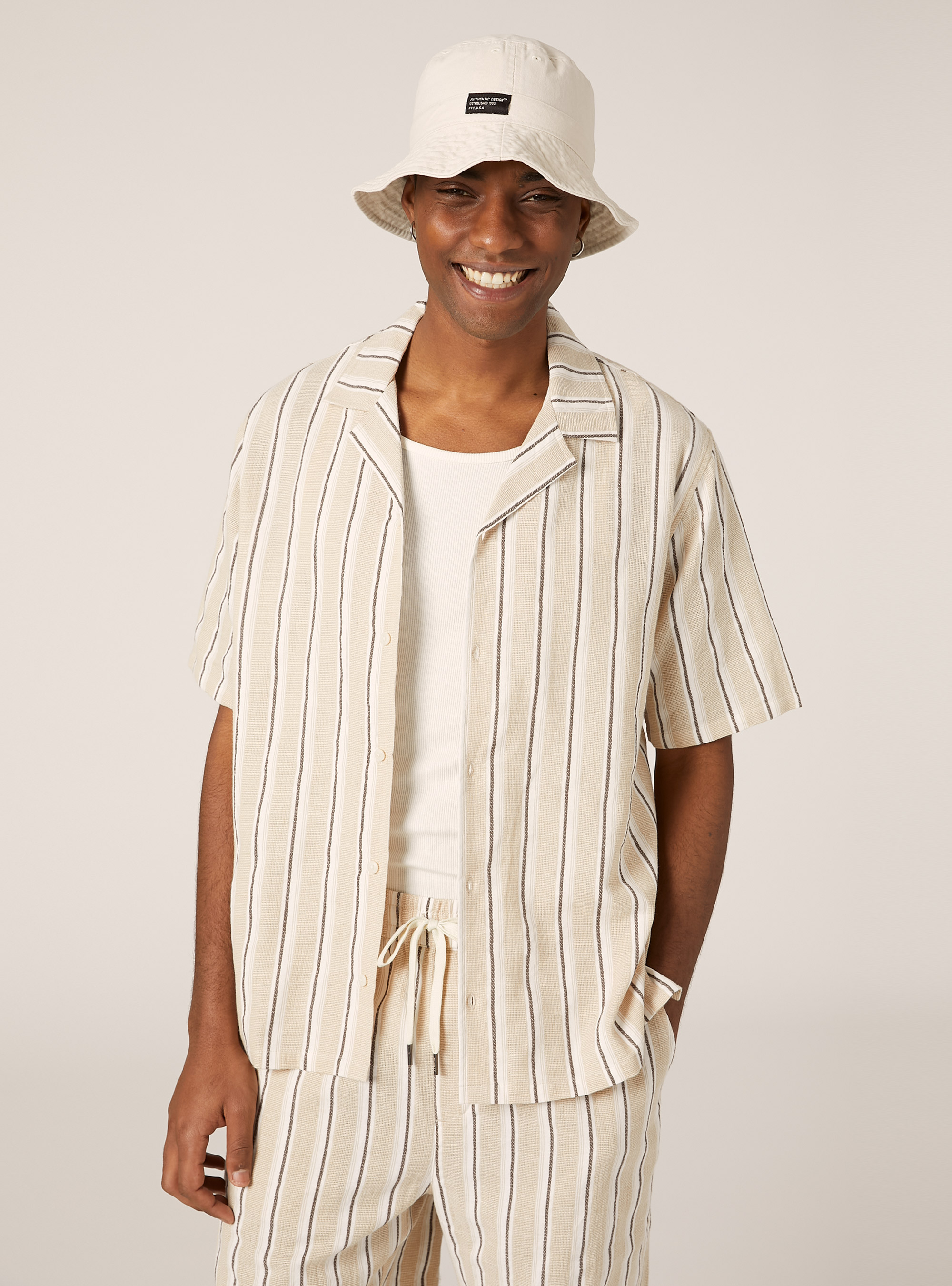 Chemise rayée à manches courtes en lin, BG2 BEIGE MEDIUM