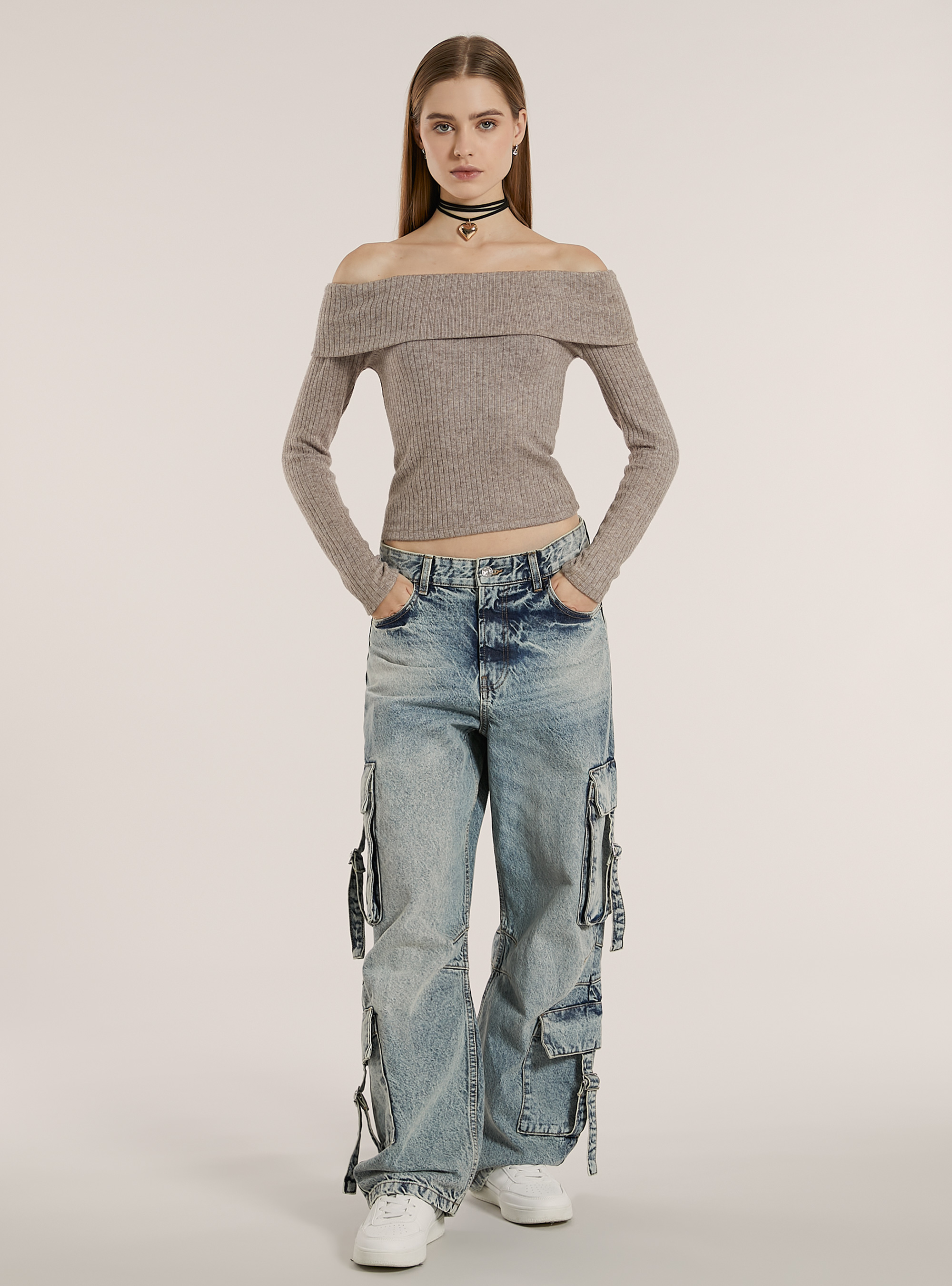 Pull avec encolure bardot cotelée, MBG2 BEIGE MEL MED