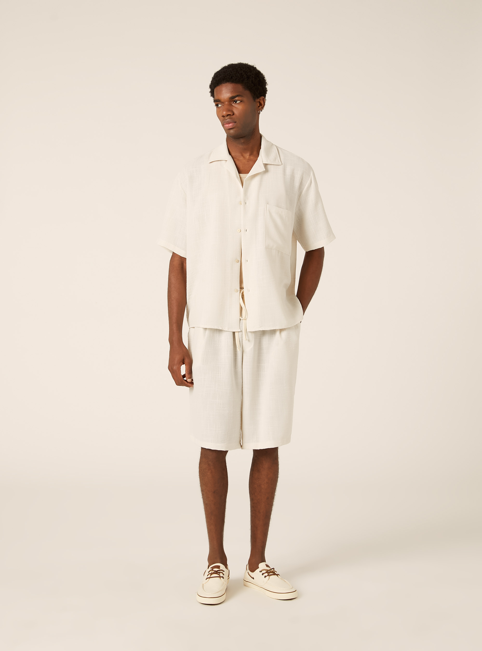 Slub Fabric Short Sleeve Shirt, WH1 OFF WHITE