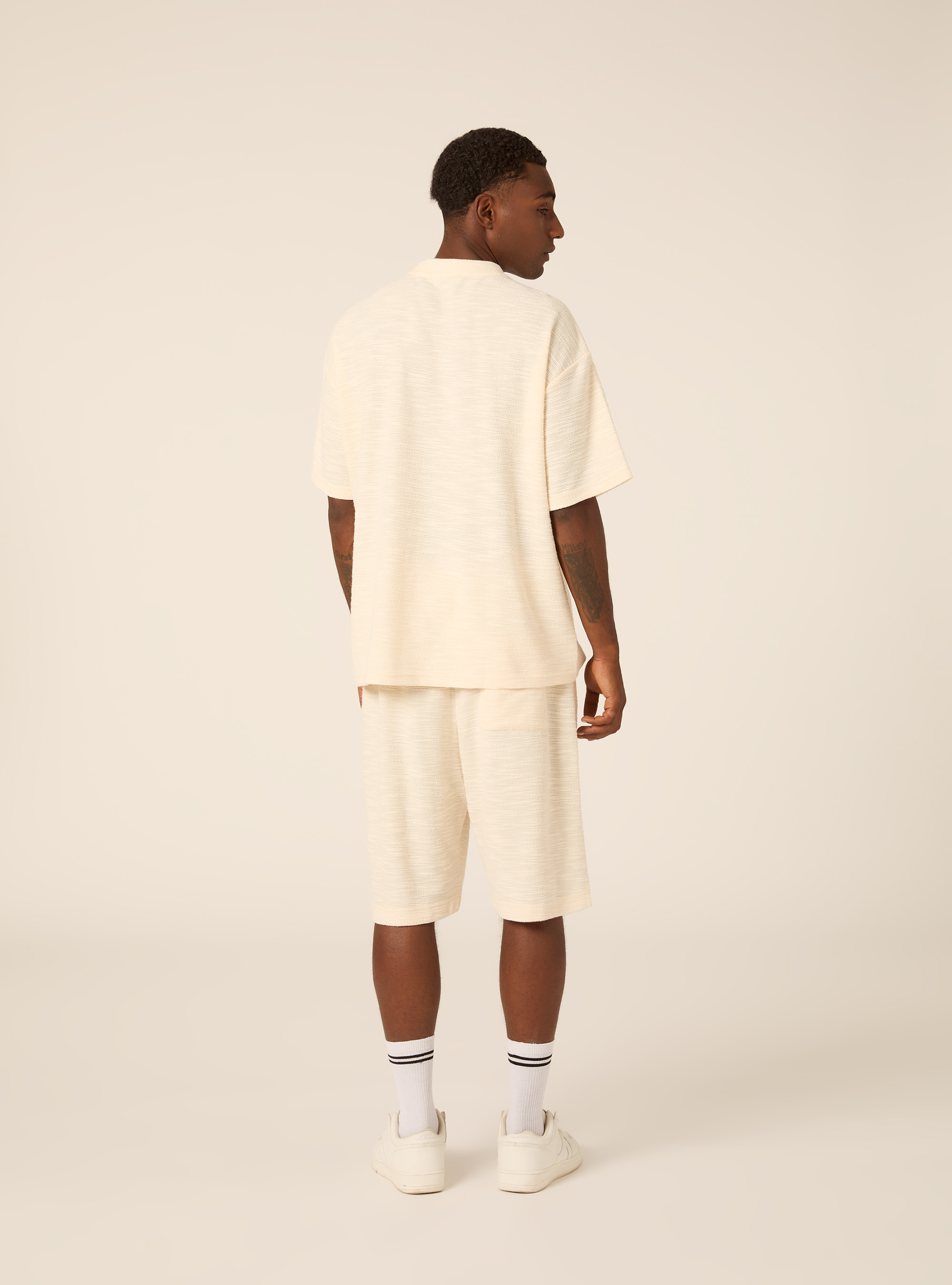 T-shirt in Misto Cotone con Texture, PANNA