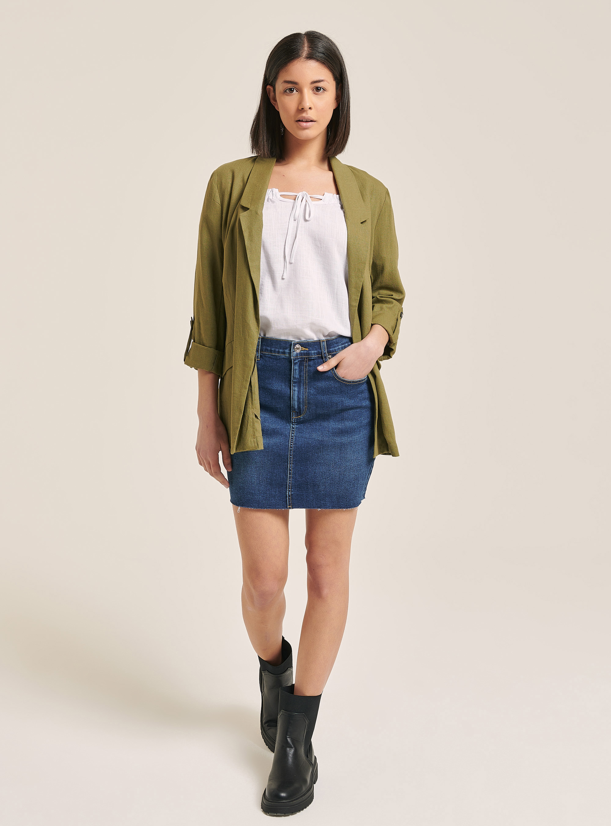 Plain Linen Blend Blazer, C6606 KAKY