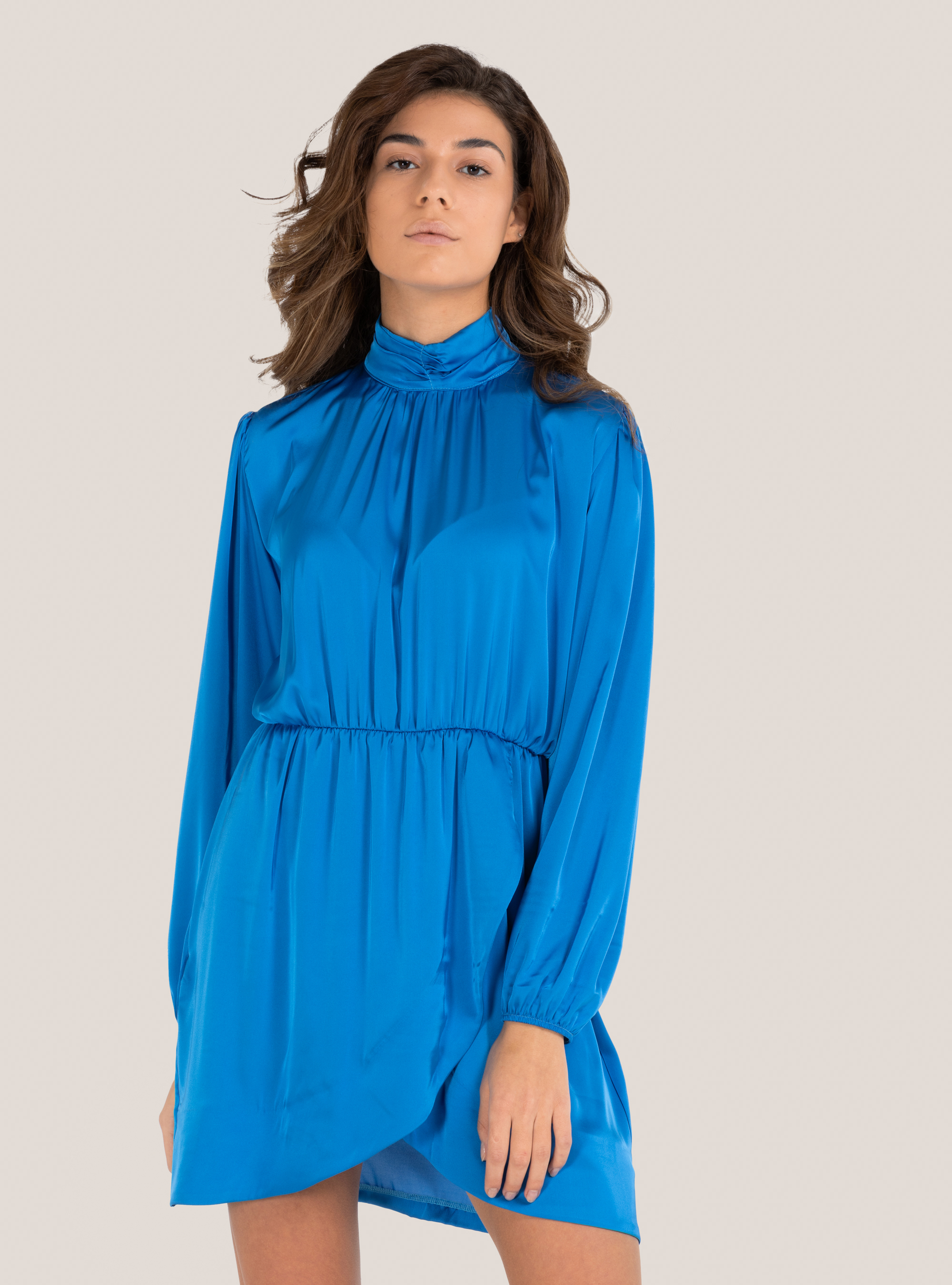 Abito in raso con gonna ad incrocio, C2291 AZZURRE