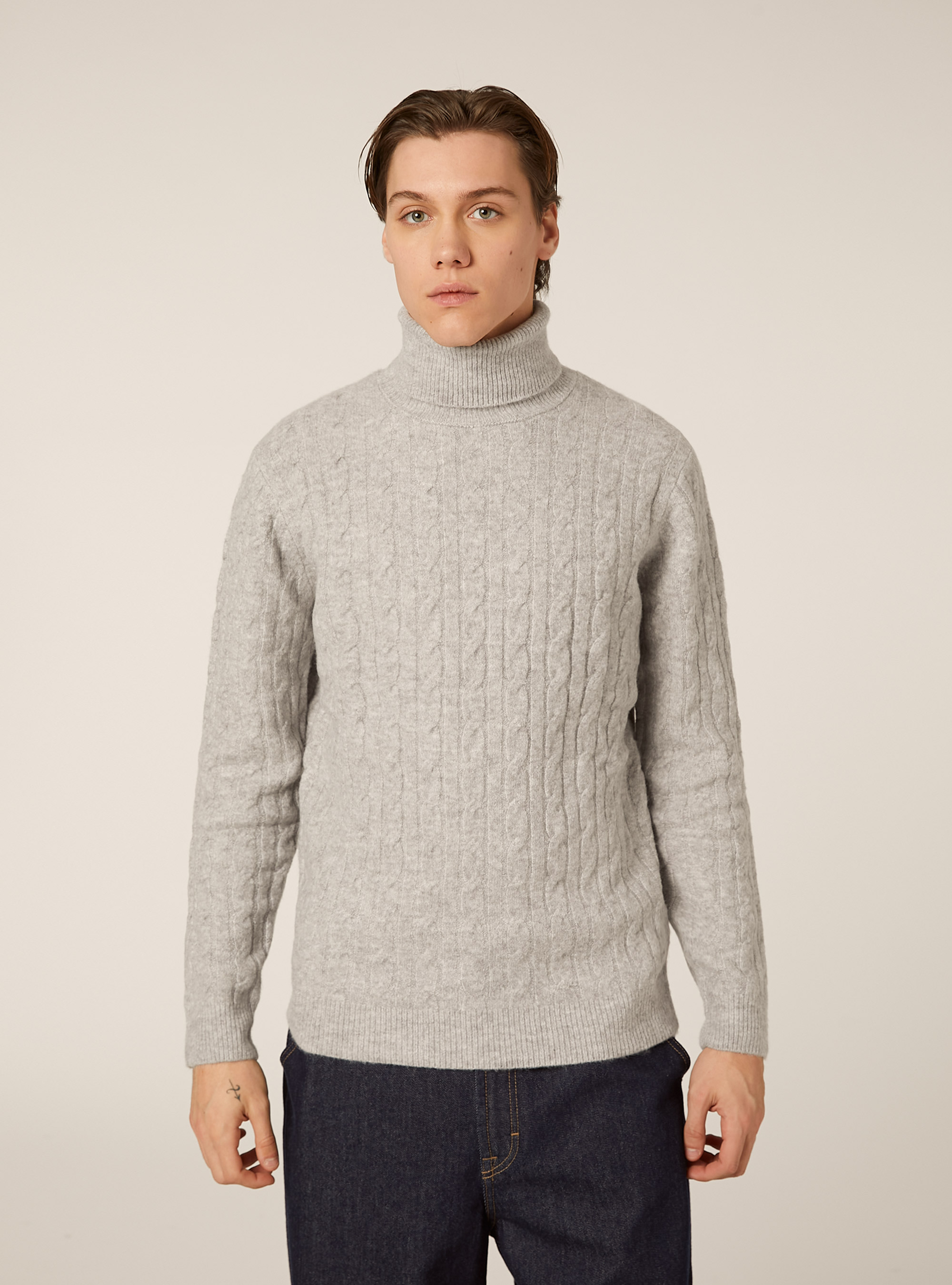 Jersey de cuello alto con trenzas, MGY2 GREY MEL MEDIUM