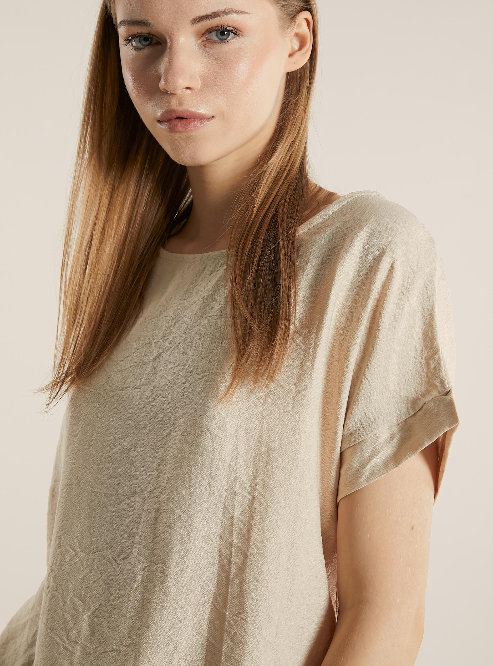 Blusa in canneté in tinta unita, BG2 BEIGE MEDIUM