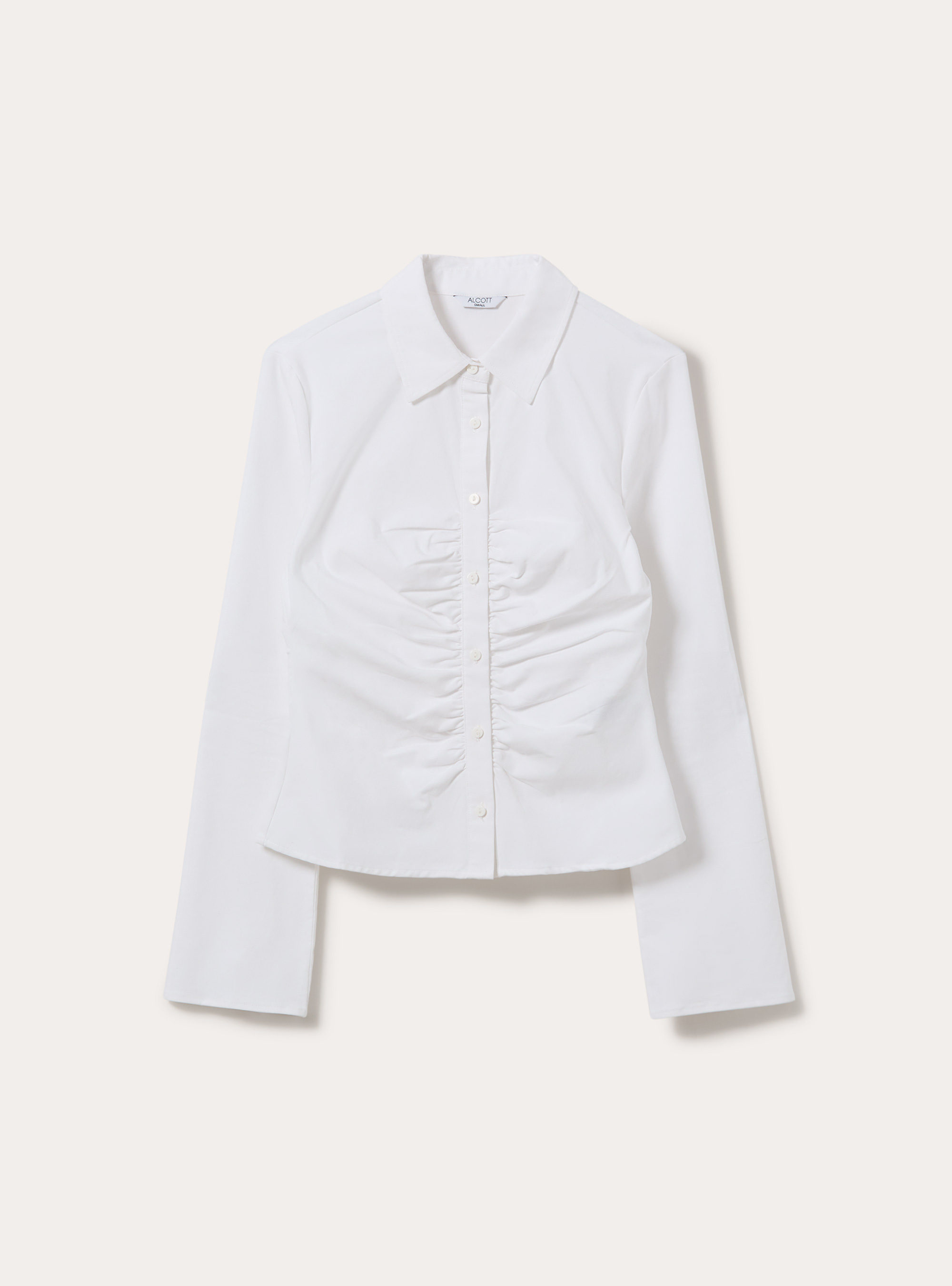 Camisa de manga larga fruncida en el delantero, WH3 WHITE
