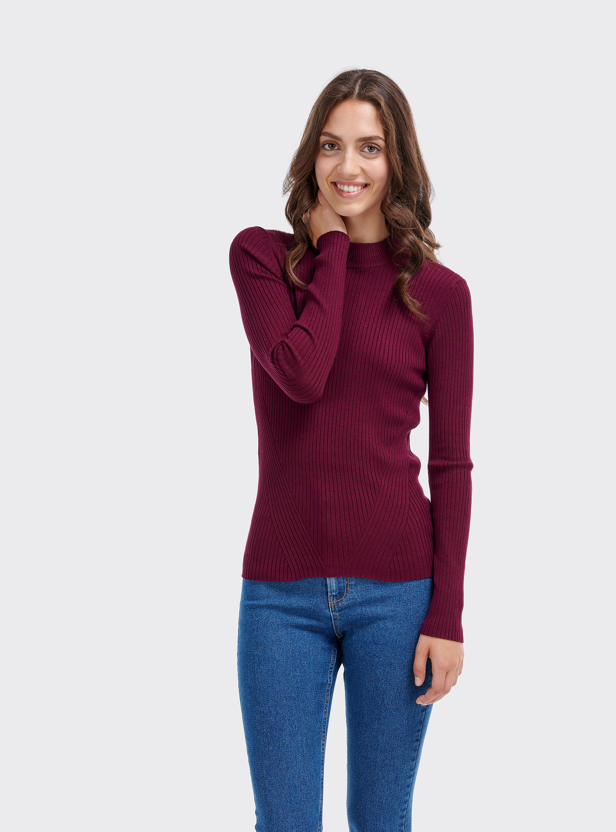 Half-neck pullover in ribbed knit, BORDEAUX