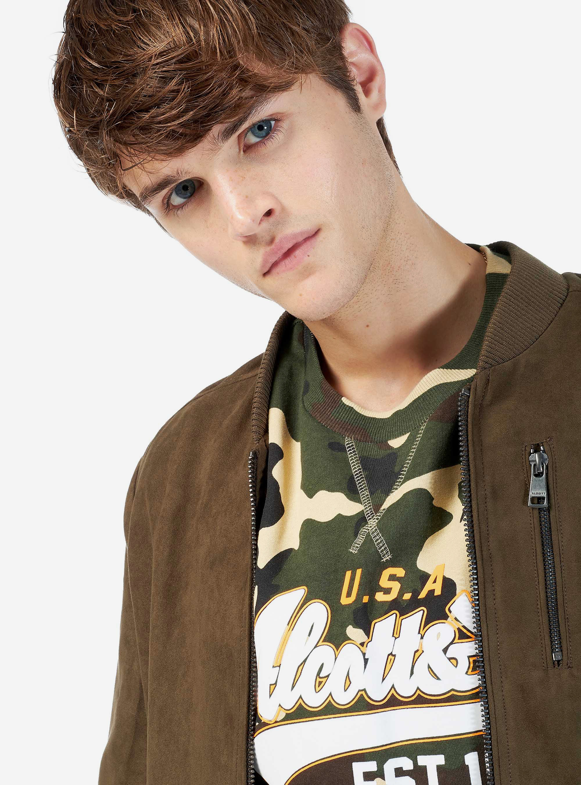 Bomber scamosciato con zip, KAKI