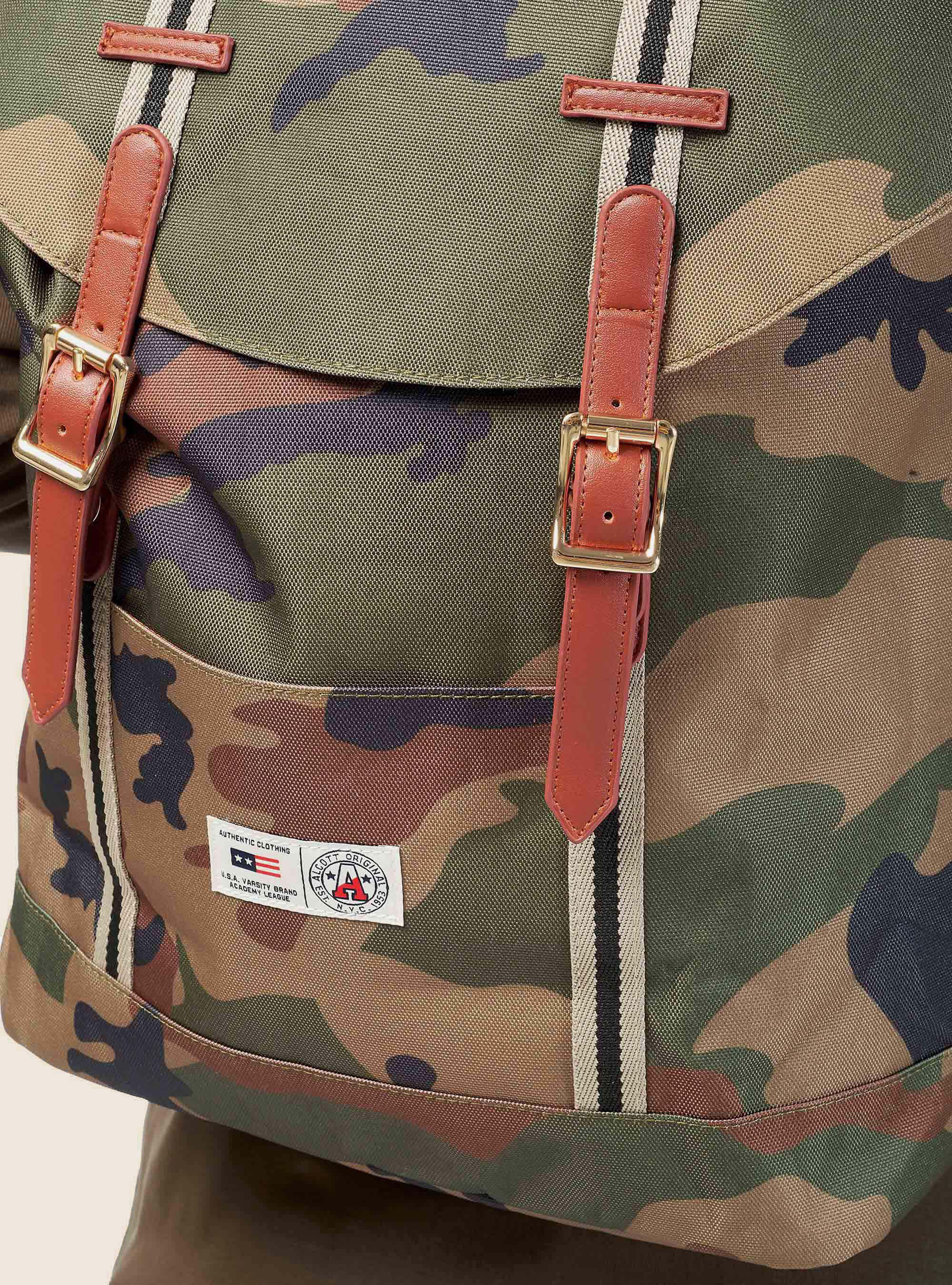 Mochila camuflaje con detalles y cierres de éco-piel, CAMOUFLAGE