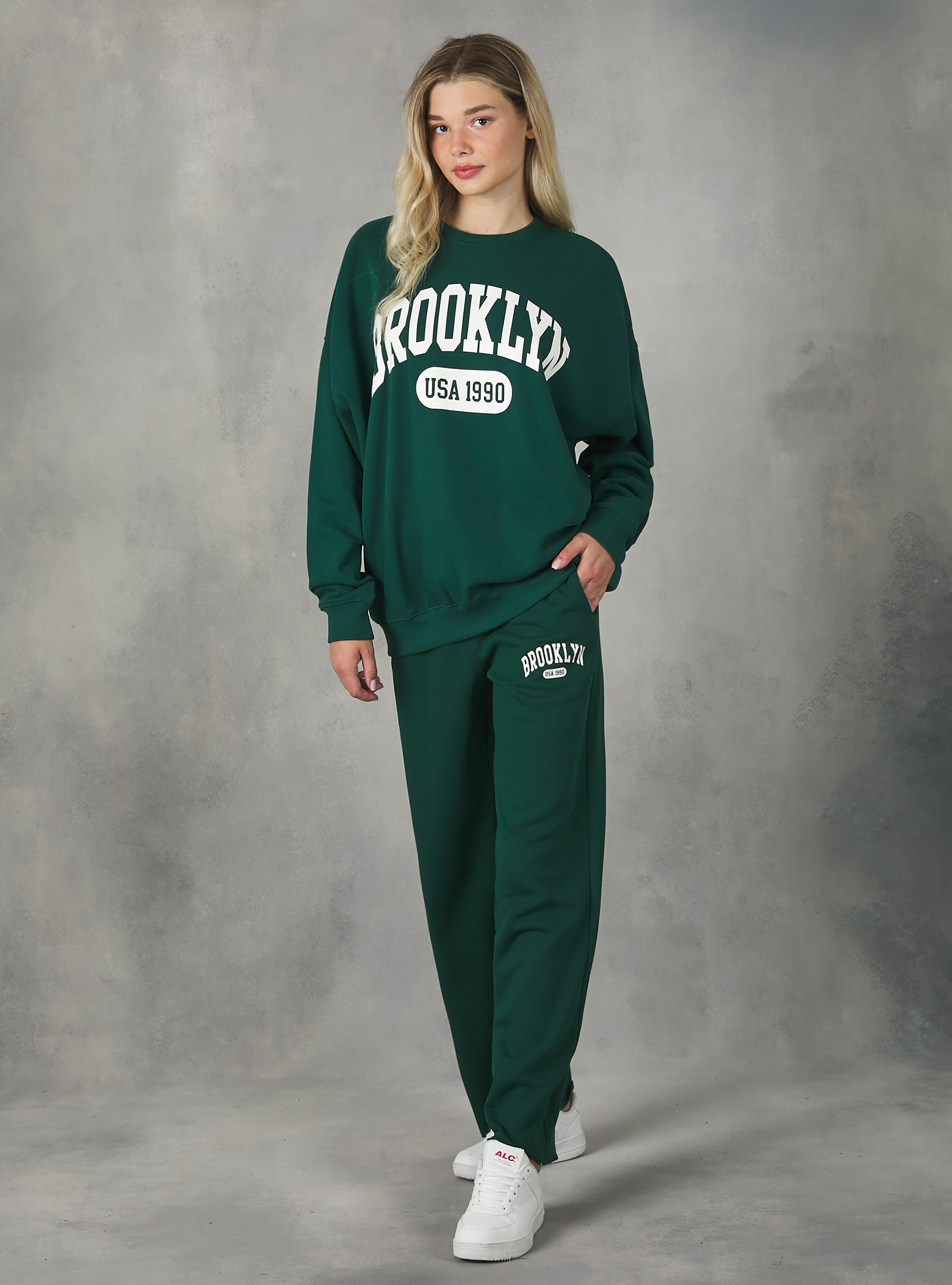 Sudadera universitaria oversize de cuello redondo, GN1 GREEN DARK