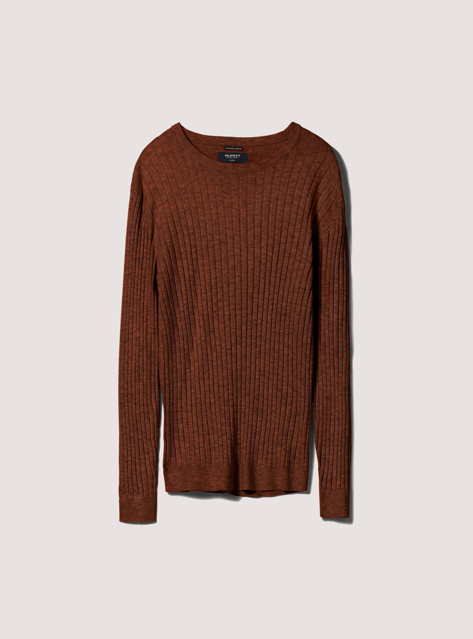 Solid-coloured ribbed crew-neck pullover, TB1 TOBACCO DARK