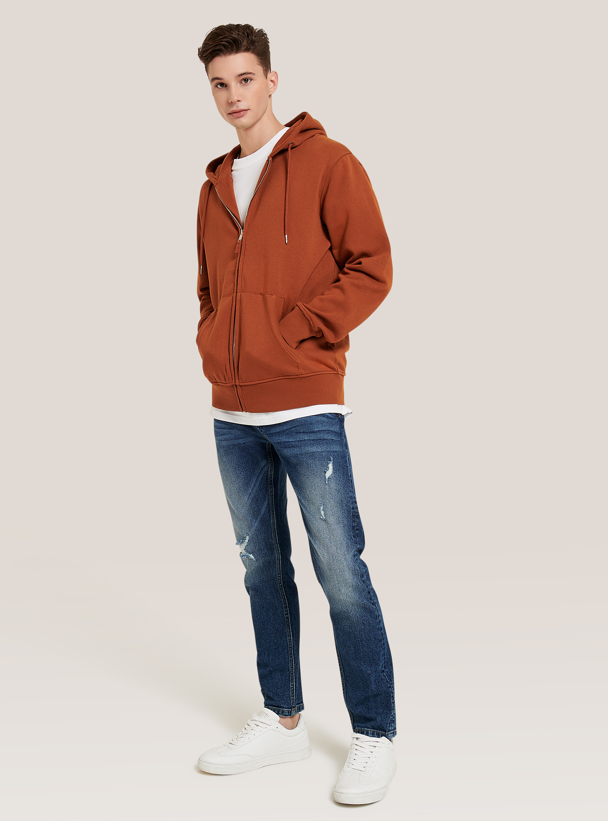 Felpa con zip e cappuccio in cotone, C5608 TOBACCO