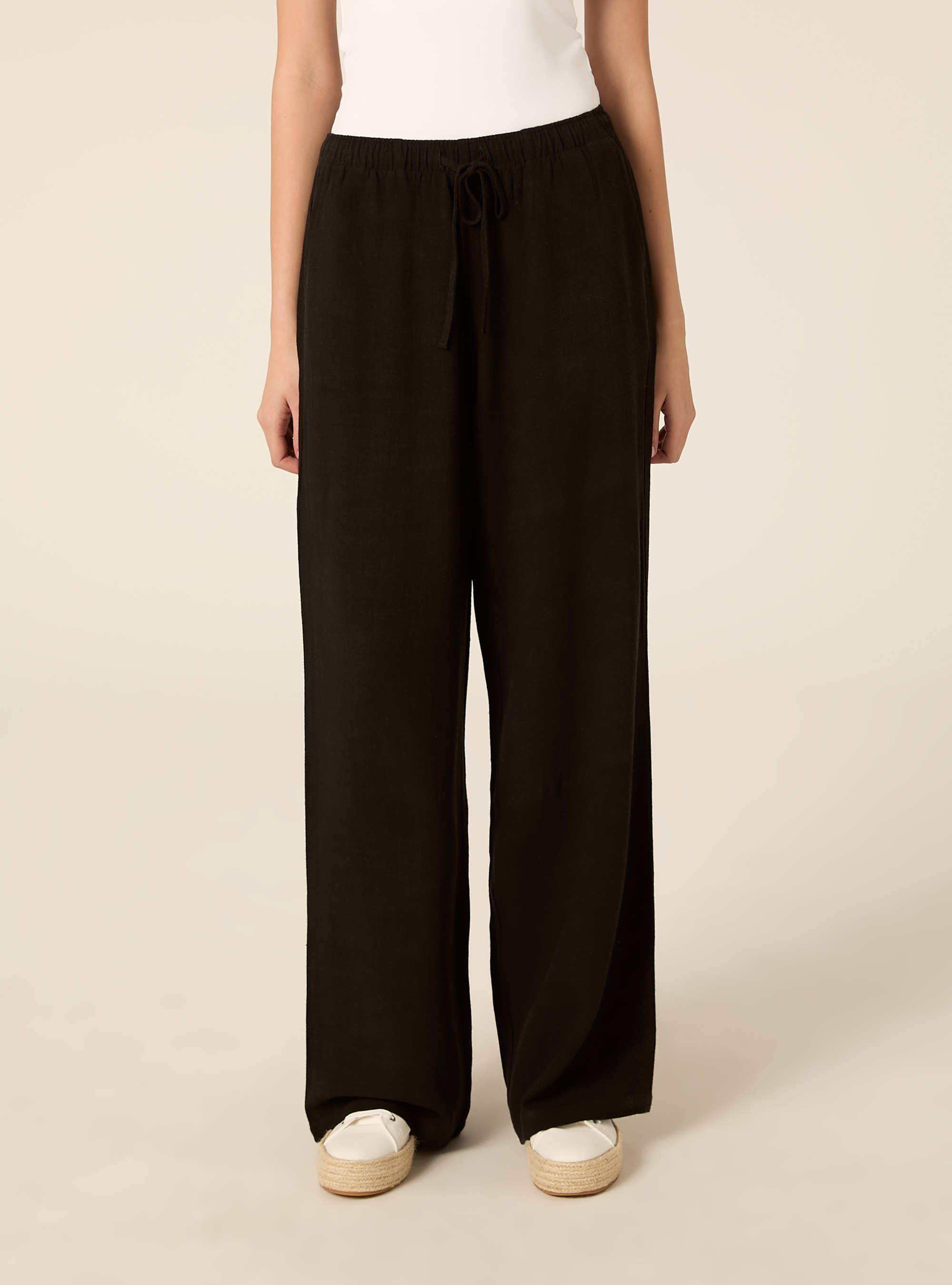 Pantaloni wide leg in misto lino, BK1 BLACK