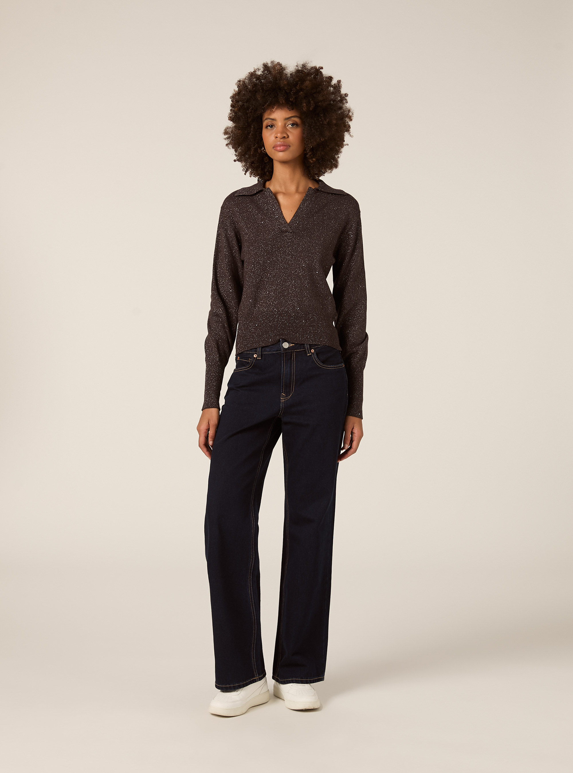 Maglia polo con effetto brillantini, BR1 BROWN DARK