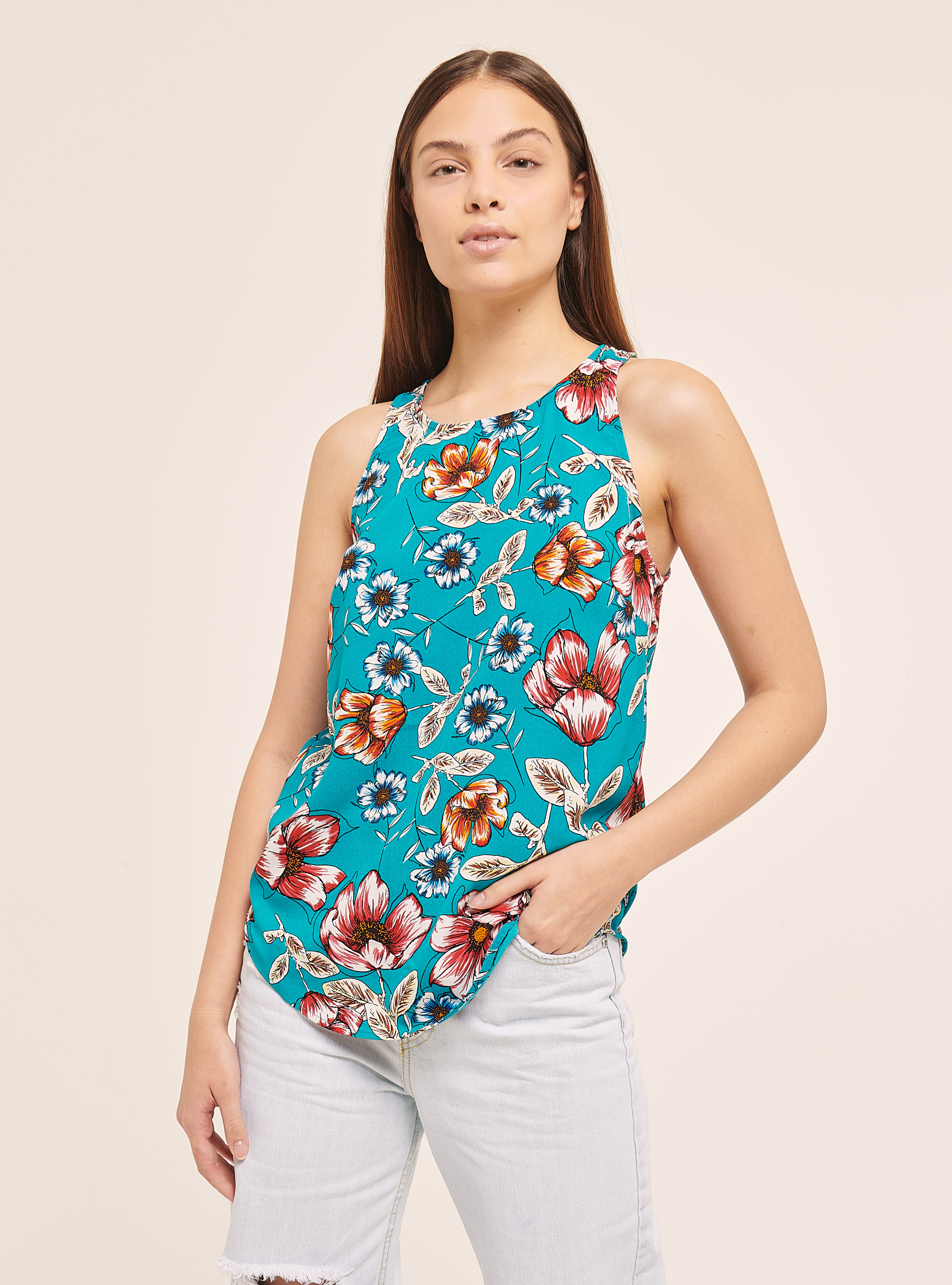 Blouse with floral print and zip at the back, FLOWER GREEN