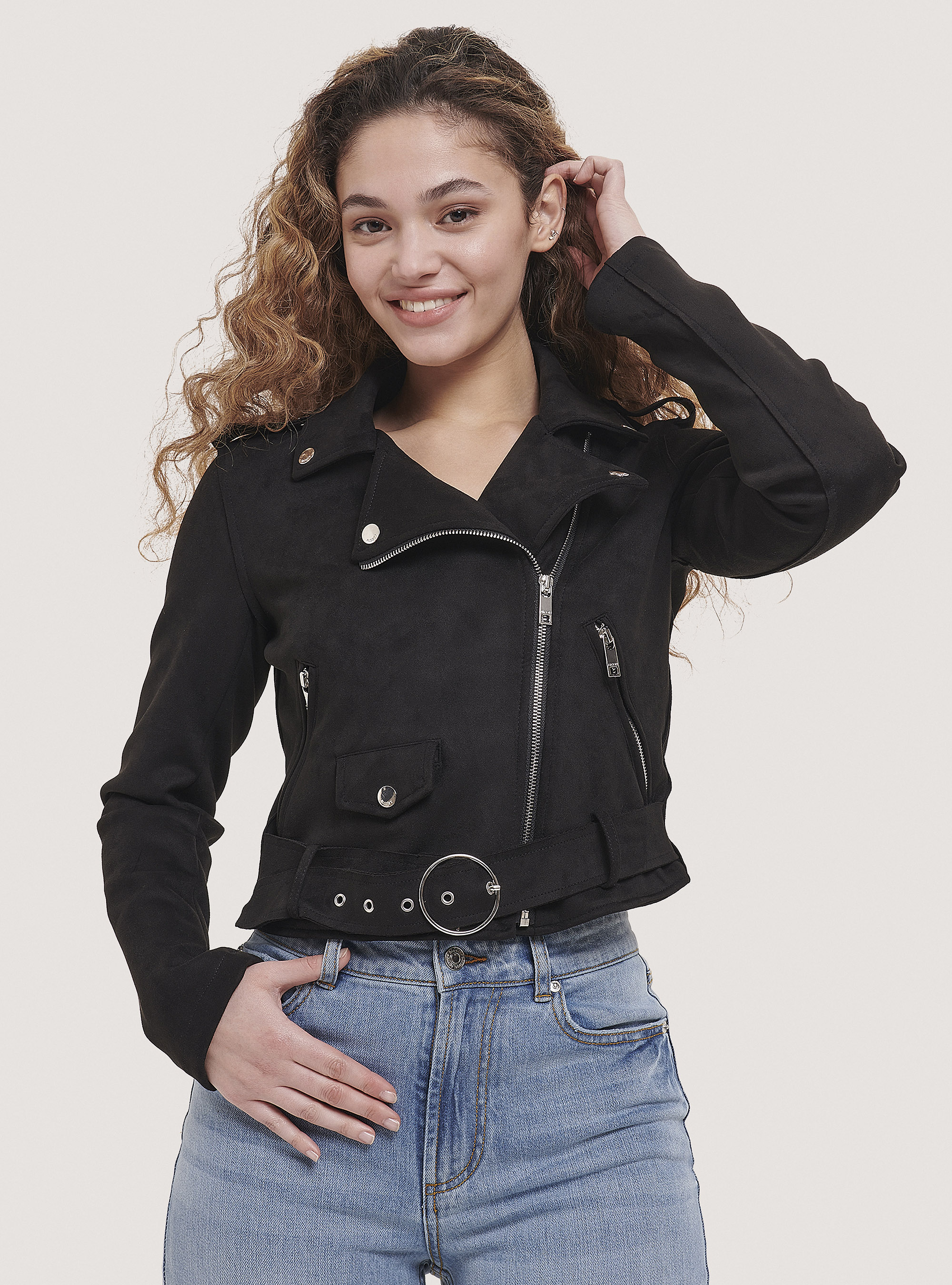 Suede effect biker jacket, BLACK
