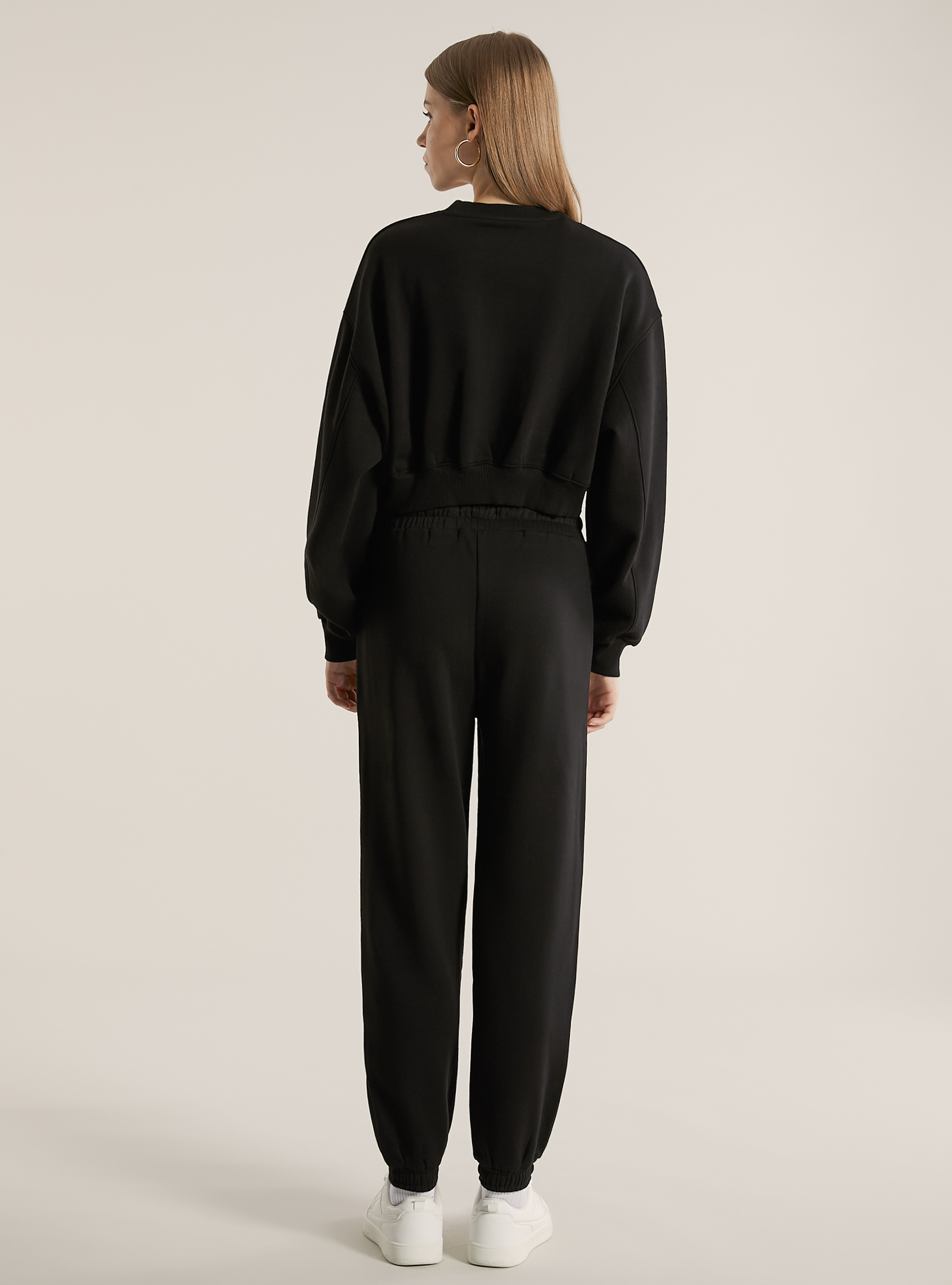 Cotton crop crew-neck sweatshirt, BK1 BLACK