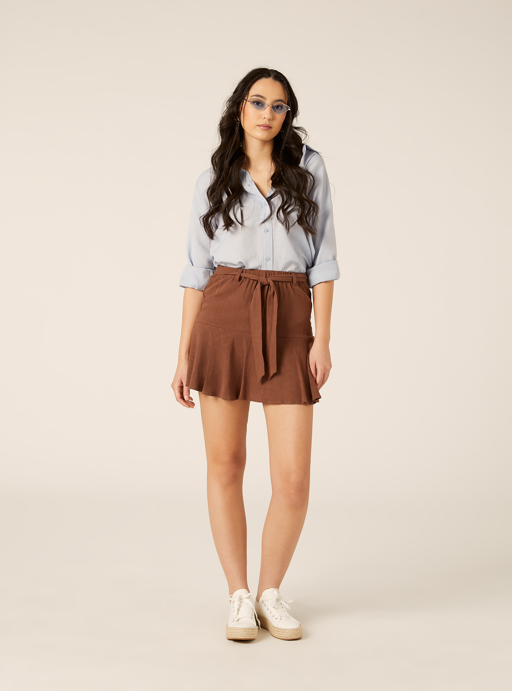 Skort con cinturino in misto lino, BR3 BROWN LIGHT