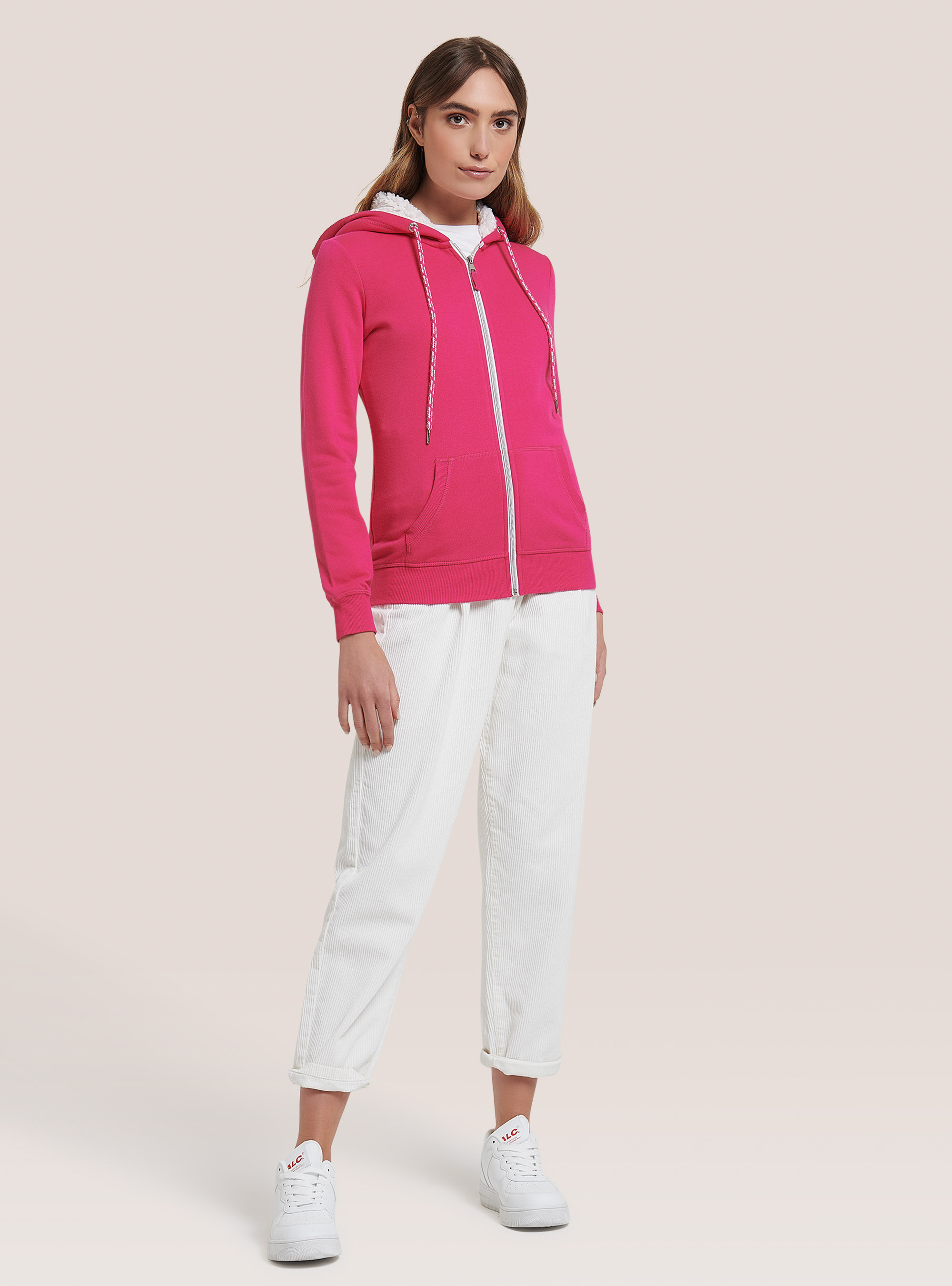 Sweatshirt mit Reißverschluss und Kapuze aus Kunstfell, C4435 FUXIA