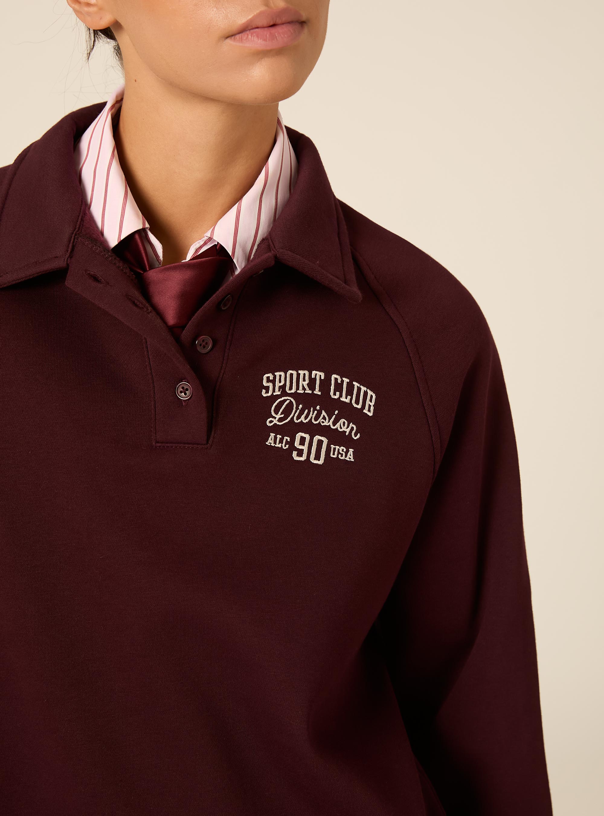 Felpa polo raglan con ricamo, BORDEAUX SCURO