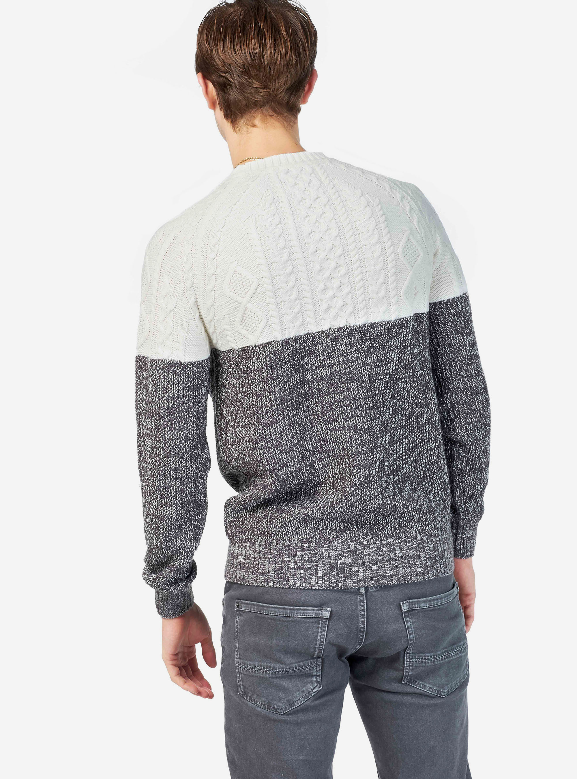 BRAIDED COLOR BLOCK PULLOVER, OFF-WHITE