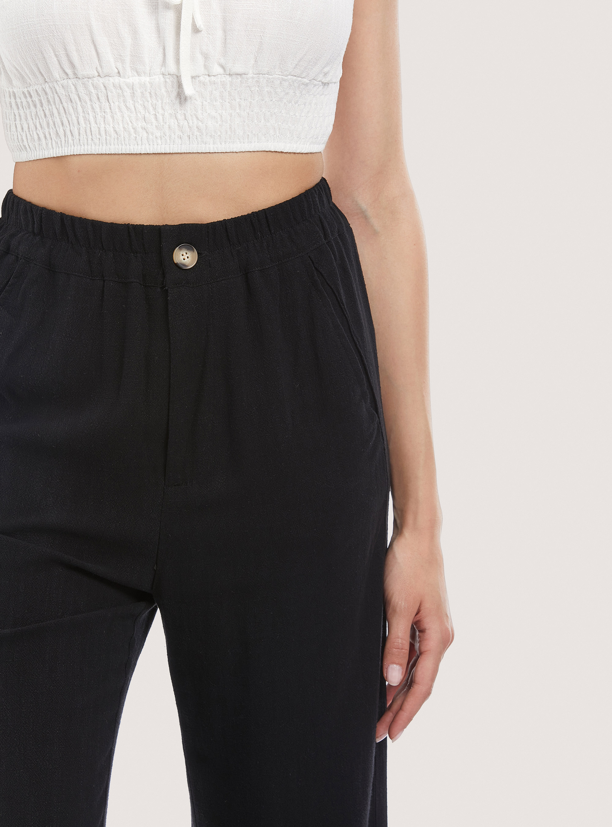 Pantalone regular in misto lino, NERO