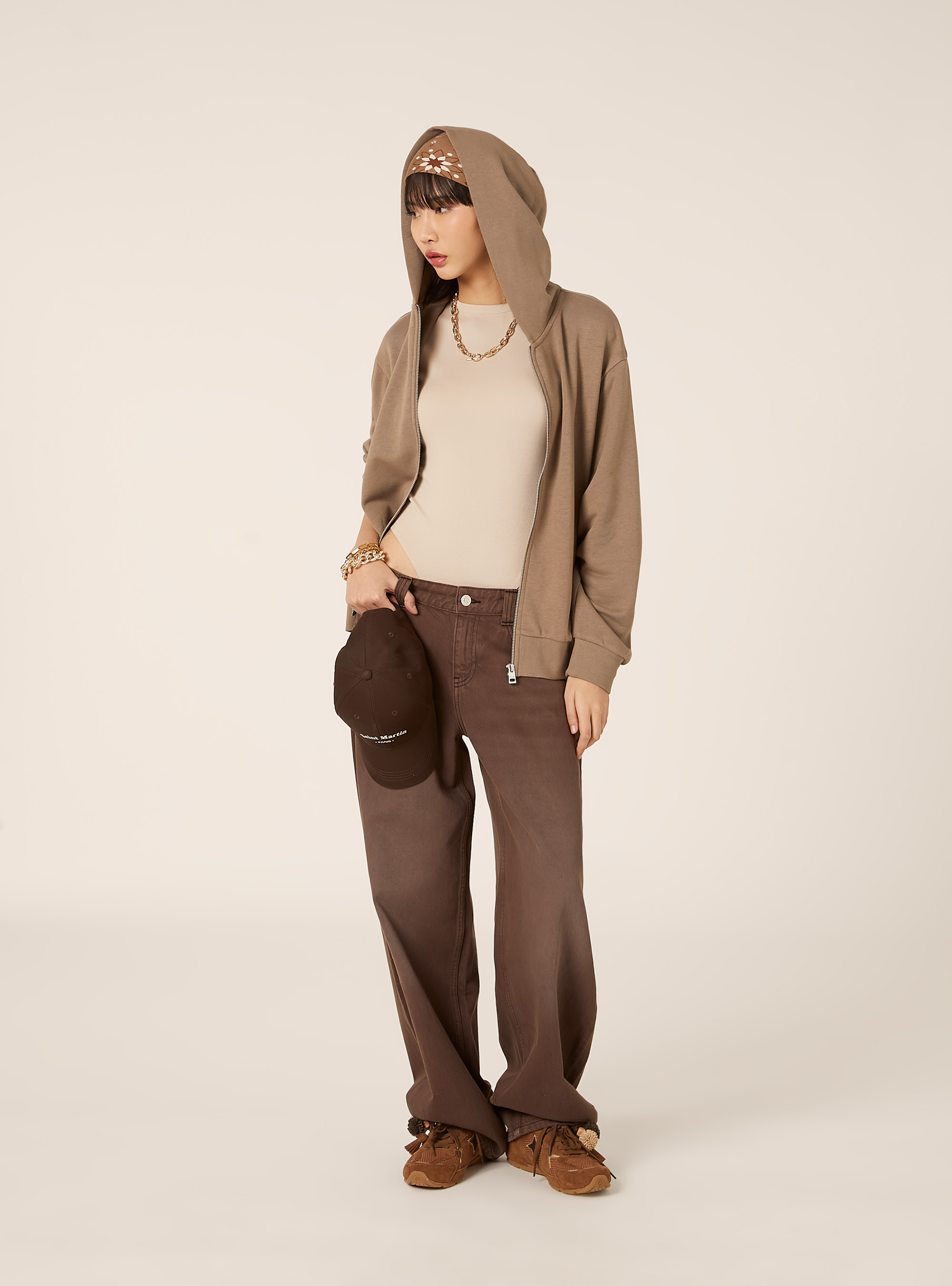 Cardigan felpa con cappuccio boxy, BR3 BROWN LIGHT